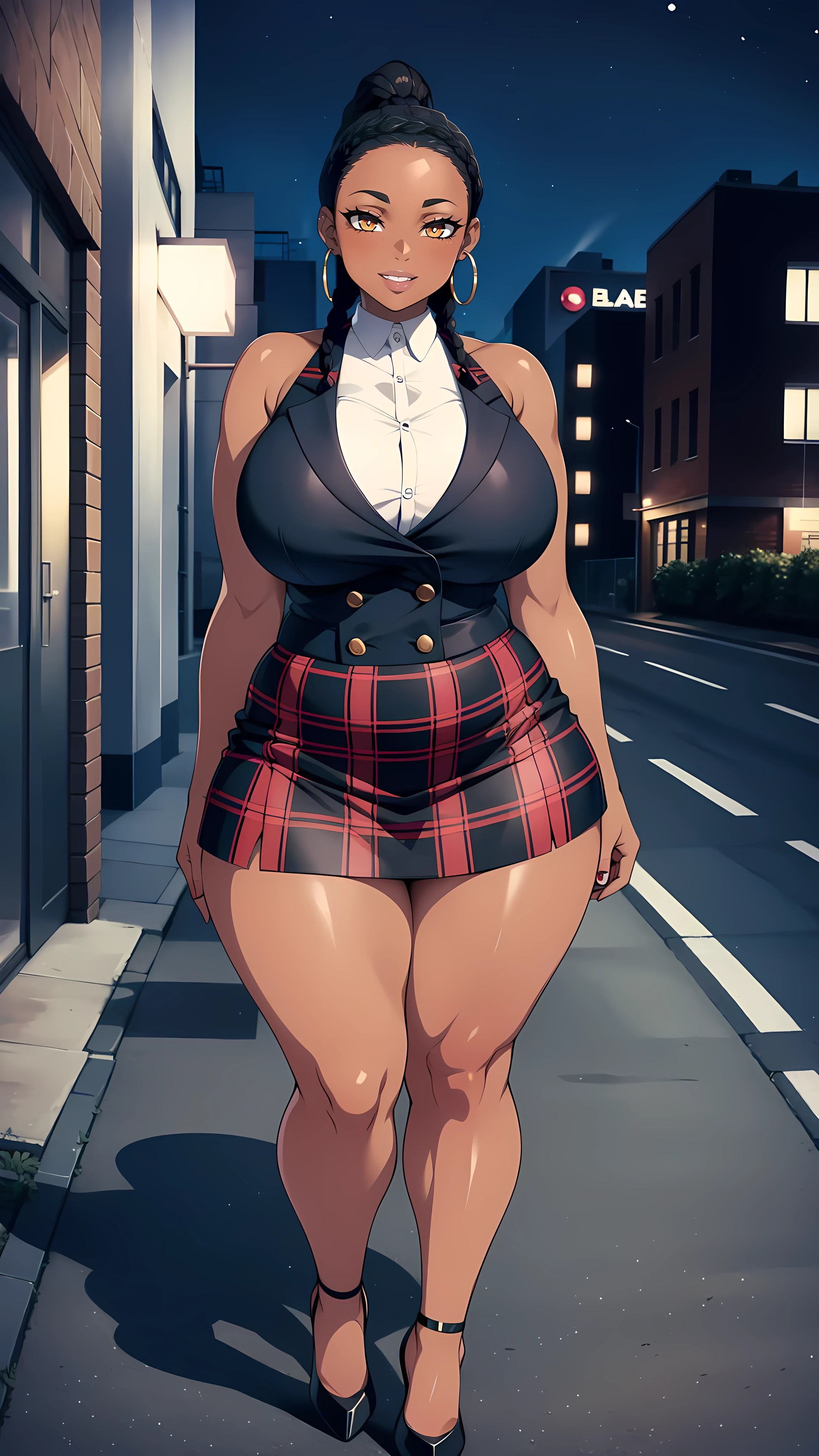 4K Quality, black woman, sexy smile, sexy pose, black plaid skirt, standing up, black african braids, dark skinned, thick thighs, big breasted, big ass, looking at viewer, braided hair, brown eyes, night time, on the sidewalk, full body, city background, perfect face, perfect body, perfect eyes, full lips, hoop earrings, bottom heavy, light particles