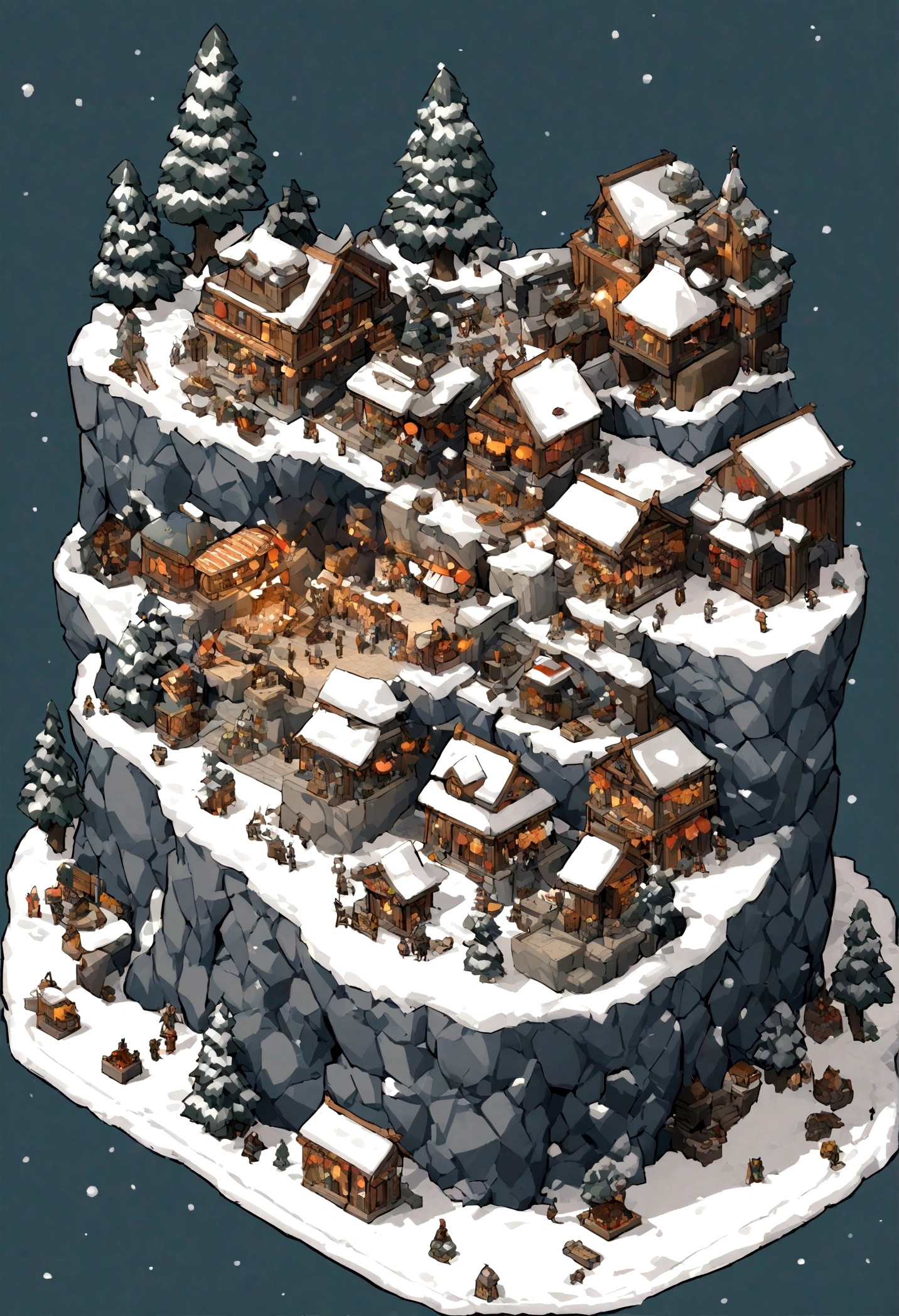 absurdres, best quality, fantasy, isometric, knolling style of (miniature cliff town:1.2,snow,Festivals,night), tree, stone wall, (simple background:1.2),