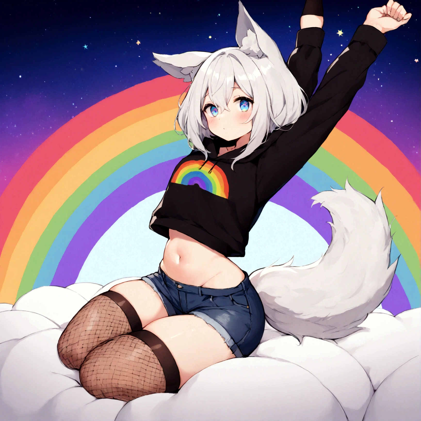 a cute adult male with wolf ears,long white hair with long locks, has a wolf tail, wearing a loose cropped oversized black hoodie, wearing a pair of denim short shorts and thigh high fishnet stockings, thick thighs, wide hips, relaxing on mound of fluffy multi colored kawaii plushies, short, very slim, showing slender tummy, stretching out, heart on hoodie, squishy thighs, has glowing blue eyes. alone, solo (ALONE)(SOLO), surrounded by rainbows, colorful galaxy backround, nice butt