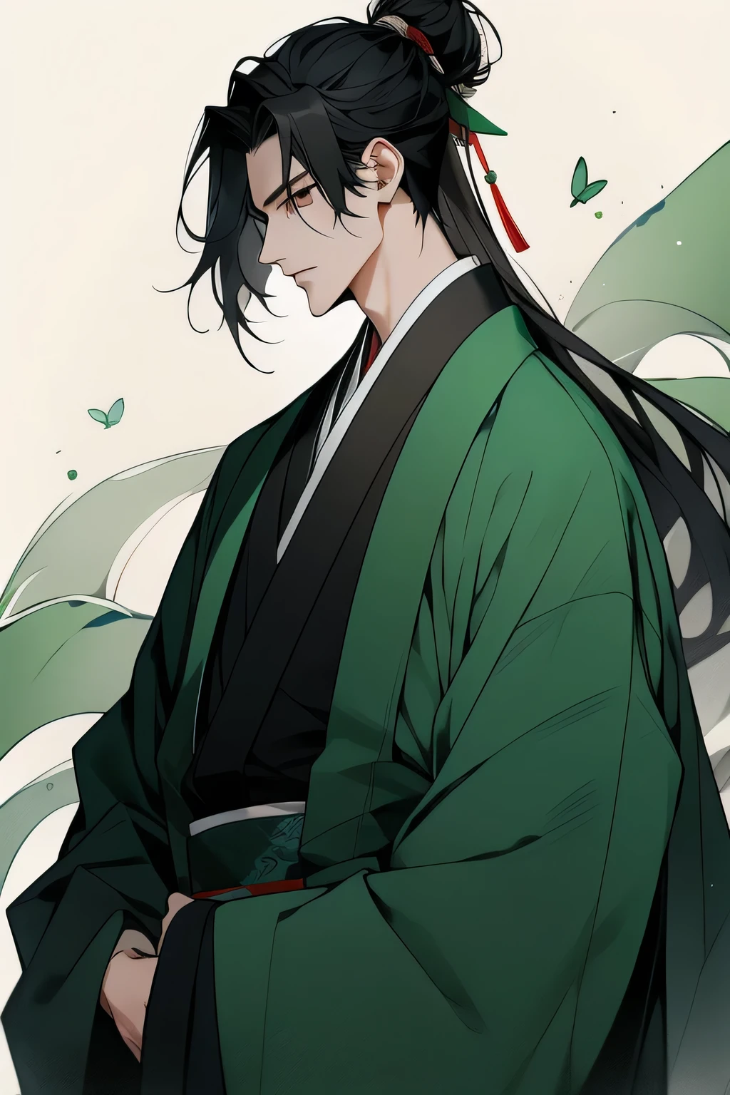 male，22 years old，Dark green Hanfu，one person，long black hair