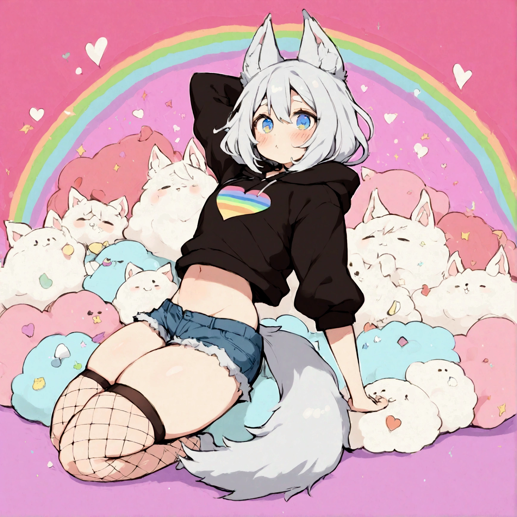 a cute adult male with wolf ears,long white hair with long locks, has a wolf tail, wearing a loose cropped oversized black hoodie, wearing a pair of denim short shorts and thigh high fishnet stockings, thick thighs, wide hips, relaxing on mound of fluffy multi colored kawaii plushies, short, very slim, showing slender tummy, stretching out, heart on hoodie, squishy thighs, has glowing blue eyes. alone, solo (ALONE)(SOLO), surrounded by rainbows, colorful galaxy backround, nice butt