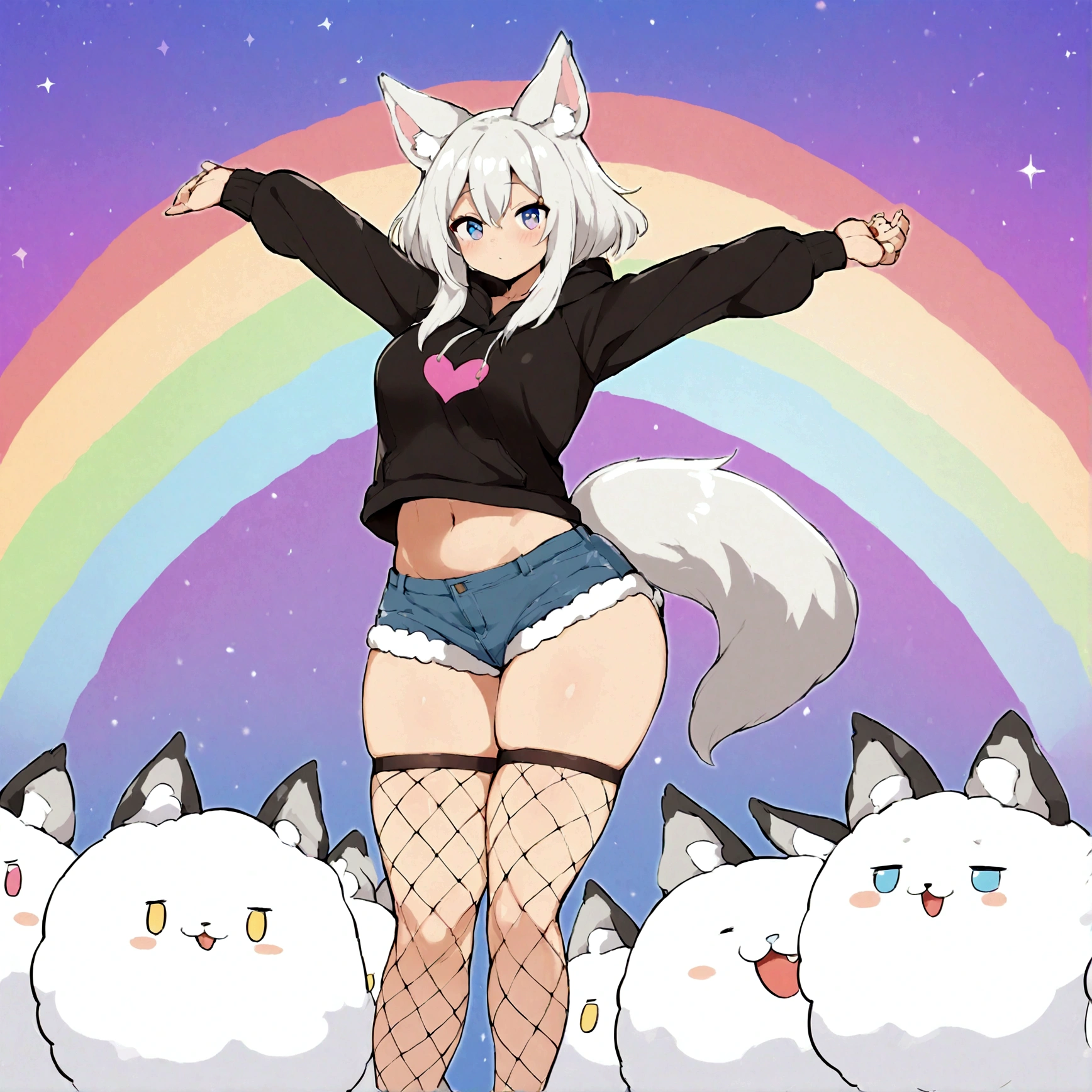 a cute adult male with wolf ears,long white hair with long locks, has a wolf tail, wearing a loose cropped oversized black hoodie, wearing a pair of denim short shorts and thigh high fishnet stockings, thick thighs, wide hips, relaxing on mound of fluffy multi colored kawaii plushies, short, very slim, showing slender tummy, stretching out, heart on hoodie, squishy thighs, has glowing blue eyes. alone, solo (ALONE)(SOLO), surrounded by rainbows, colorful galaxy backround, nice butt