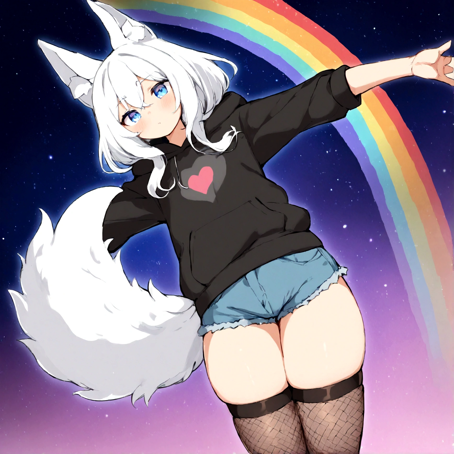a cute adult male with wolf ears,long white hair with long locks, has a wolf tail, wearing a loose cropped oversized black hoodie, wearing a pair of denim short shorts and thigh high fishnet stockings, thick thighs, wide hips, relaxing on mound of fluffy multi colored kawaii plushies, short, very slim, showing slender tummy, stretching out, heart on hoodie, squishy thighs, has glowing blue eyes. alone, solo (ALONE)(SOLO), surrounded by rainbows, colorful galaxy backround, nice butt