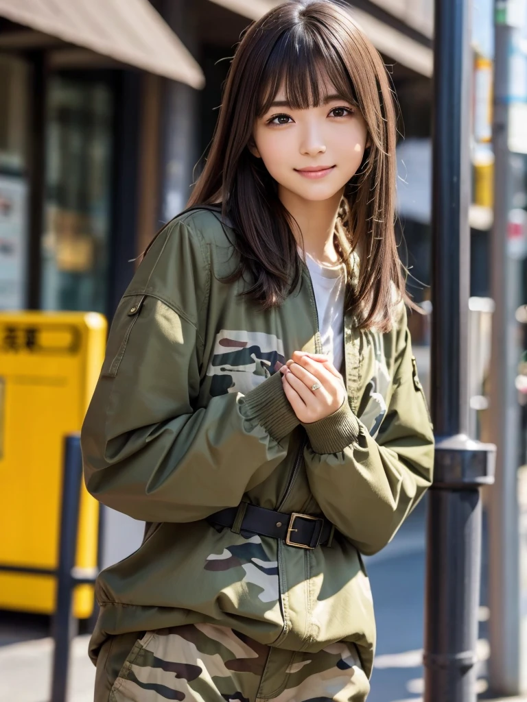 (8k, RAW Photos, highest quality, masterpiece:1.2), (Realistic, photo-Realistic:1.4), (Highly detailed 8k wallpaper), ((Full Body Shot)), (1 girl), Sharp focus, Depth of written boundary, Cinematic lighting, Soft Light, 緻密な美しさのeye, eye_Chan, Very beautiful 17 year old girl, innocent big eyes, Realistic, photo Realistic, Highly detailed cute girl, (Thin thighs), (Model Body Type), 18-year-old, (Khaki N-3B flight jacket), (Black T-shirt), (Camouflage cargo long pants), (((Fold your arms in front of your chest and act arrogantly))), ((A happy smile)), Parted lips, Watching the audience, (On the streets of Tokyo) , (Brown Hair),(Long Bob Hair), (Asymmetrical bangs)