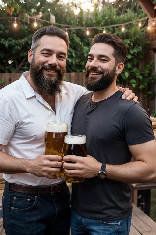 Happy bearded dad holding a glass of beer in his backyard with his adult son also holding a glass of beer in his hand, en el fondo un dispensador de cerveza