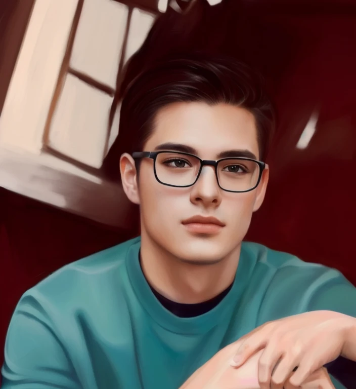 A drawing of a man wearing a dark green shirt., in the form of an oil painting, side centered painted portrait, digital art images, realistic studio images, Face images with realistic details, photo photorealistic, ultra photorealistic, photorealistic, photorealistic photo, Detailed color images, Realistic digital drawing, painted portrait, digital portrait, Very detailed oil painting., photophotorealistic