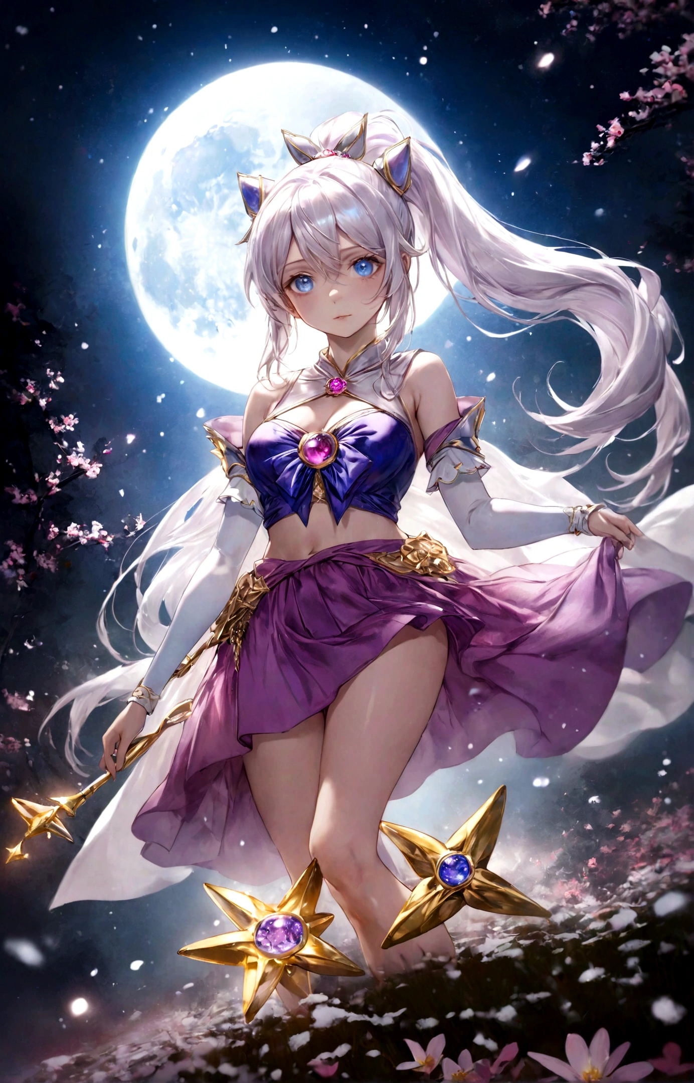 A masterpiece, (best quality:1.2), (ultra-detailed:1.2), illustration, (exquisitely beautiful:1.2), low angle, floating, (beautiful detailed eyes:1.1), (detailed lighting:1.1), cinematic lighting, intricate sky, woman, white hair, blue eyes, (high ponytail:1.1), cloak, glowing eyes, (moon:1.2), (moonlight:1.1), starry night, (light particles:1.1), misty path, snowy landscape, sketch, blooming
