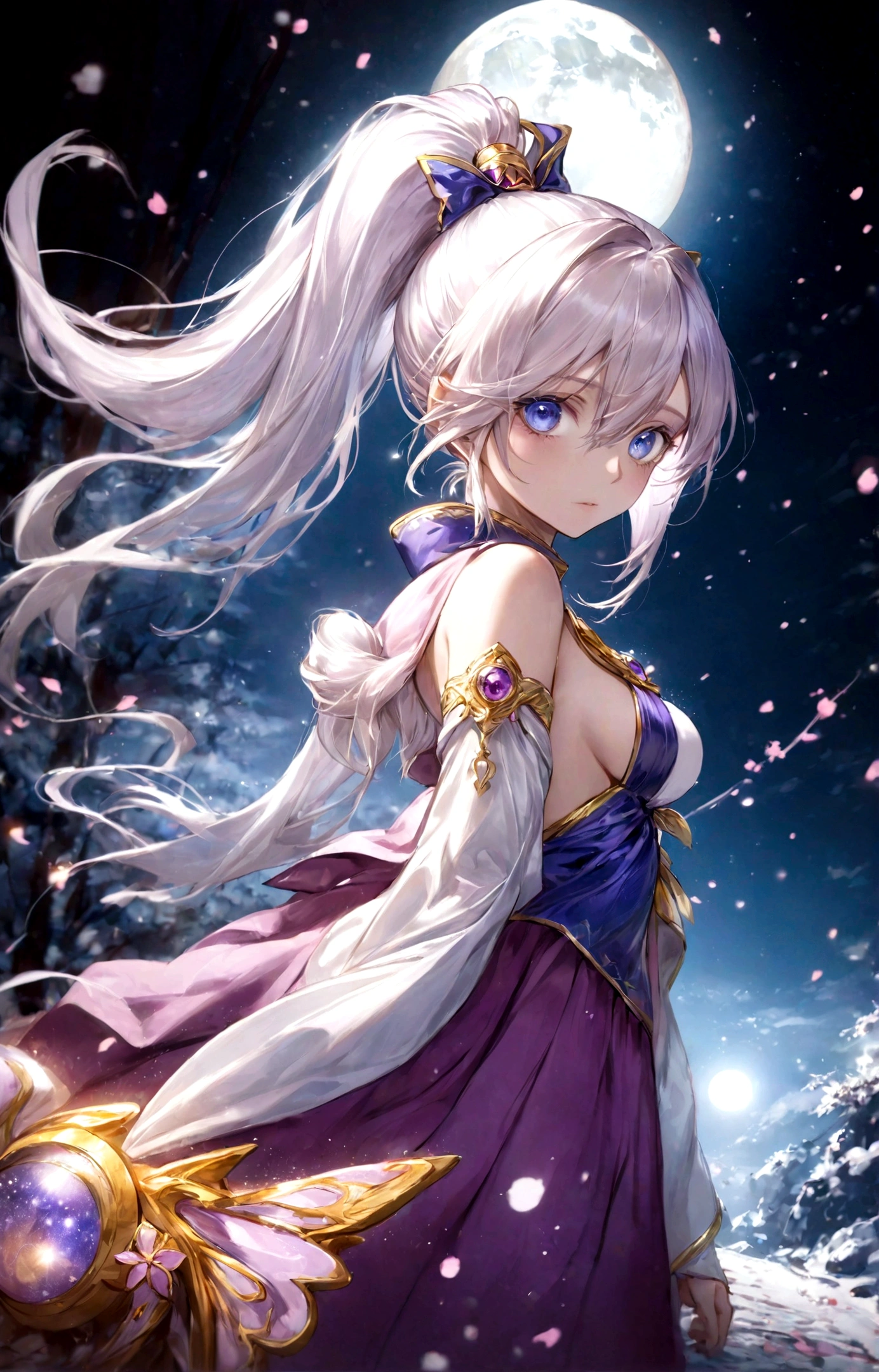 A masterpiece, (best quality:1.2), (ultra-detailed:1.2), illustration, (exquisitely beautiful:1.2), low angle, floating, (beautiful detailed eyes:1.1), (detailed lighting:1.1), cinematic lighting, intricate sky, woman, white hair, blue eyes, (high ponytail:1.1), cloak, glowing eyes, (moon:1.2), (moonlight:1.1), starry night, (light particles:1.1), misty path, snowy landscape, sketch, blooming