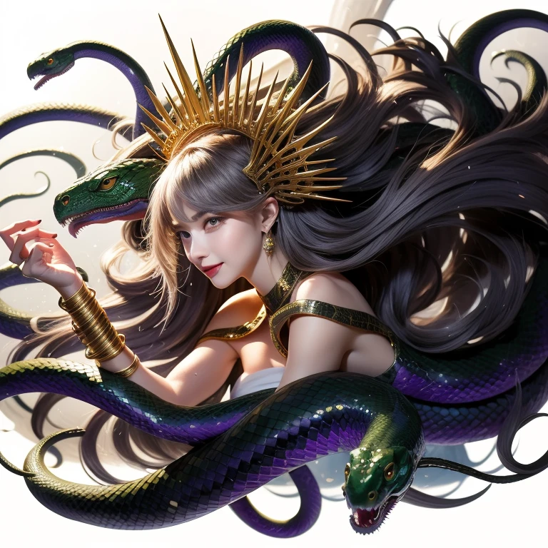 (masterpiece),(best quality:1.0), (ultra highres:1.0), detailed,Woman and snakes、Upper Body、profile、Cool smile、A woman with bare shoulders wearing a white cloth、Ferocious serpent、Real wet scale texture、The surface of the wet scales shines dully.、Menacing serpent、Facing left、Emerald green eyes、Gold Hair Ornament、Gold bracelet、Holding your right hand forward、He has long gold needles on the middle and ring fingers of his right hand.、Some snakes can see into space、Gray purple hair、Medium Hair、A woman, a snake and a mysterious black hand coming out of the darkness、Starry Universe、A black mist surrounds