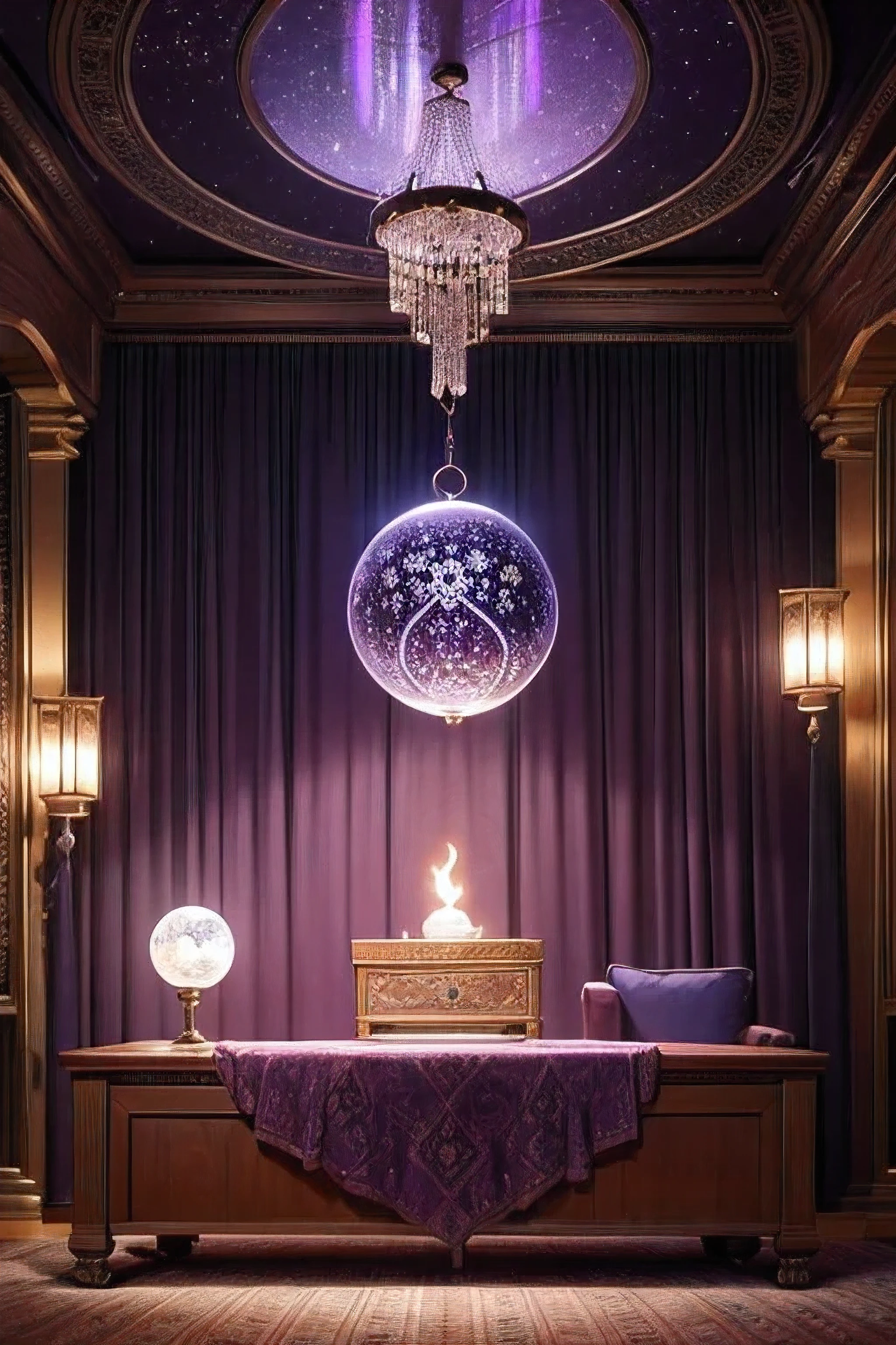 Create a captivating image of a mystical fortune-telling room designed to attract attention on TikTok. The room exudes an atmosphere of ancient wisdom and accuracy, dimly lit with enchanting, ambient lighting from flickering candles and ornate vintage lamps. The centerpiece is a large, intricately carved wooden table surrounded by plush, comfortable chairs draped with rich, velvet fabrics. The walls are adorned with luxurious tapestries and heavy, opulent curtains, enhancing the sense of secrecy and mystery. On the table, a glowing crystal ball sits alongside a beautifully illustrated tarot deck and ancient rune stones, surrounded by old, leather-bound books and scrolls filled with mysterious symbols. Incense smoke curls lazily through the air, adding to the room's mystic ambiance. The color scheme features deep purples, midnight blues, and rich blacks, with strategic lighting highlighting the intricate details. Additional elements include shimmering crystals, delicate wind chimes, and mystical symbols like pentagrams and crescent moons. The room also features a large, antique mirror with an ornate frame reflecting the magical surroundings, and subtle, animated sparkles to add a touch of enchantment. This room embodies the essence of a captivating and wise fortune-teller's domain, designed to mesmerize viewers and stand out on TikTok.