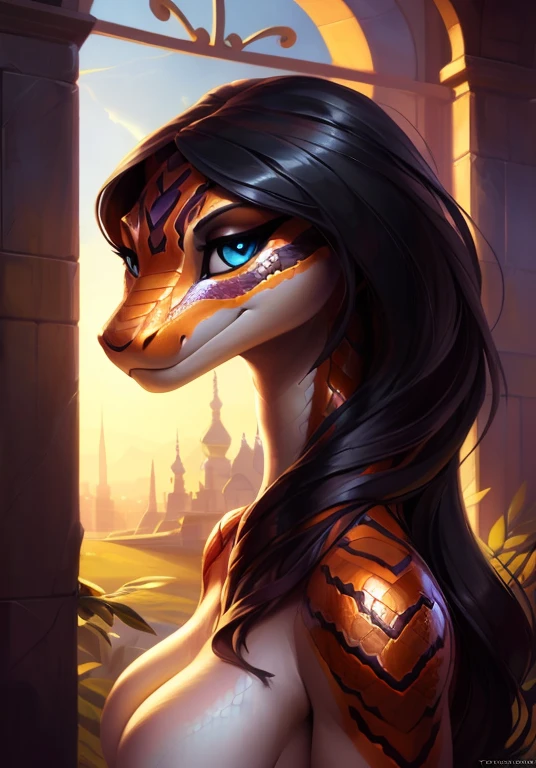 Uploaded on e621, by Pixelsketcher, by Bayard Wu, by Thomas Benjamin Kennington , by Einshelm, solo anthro, ((face portrait)), BREAK, shake hissing, sweet look, (detailed Bonifasko lighting), (detailed scales), (detailed skin), (orange snake, orange snake, orange snake), (extremely long neck), (her own hands holding her own face), BREAK, ((snake hissing)), ((SFW)), ((long thick colorful tail)), ((wavy black hair)), ((facing viewer)), (cinematic lighting), ((detailed background)), ((face portrait view)), (((face view))), (half body shadow), [backlighting], [crepuscular ray], [detailed ambient light], [gray natural lighting], [ambient light], (higher wildlife feral detail), [explict content], [sharp focus], (questionable content), (shaded), ((masterpiece), hissing, her own hands holding her own face, wavy hair, medium scales breasts, breasts, furry colorful snake, snake face, furry Fantasy Art, furry Art, Commission for High Res, anthro Art, Art,Sakimichan beautiful, masterpiece, medium breasts, best quality, detailed image, bright colors, detailed face, perfect lighting, perfect shadows, perfect eyes, girl focus, snake eyes, flawless face, big breasts, extremely long neck, face focus, ((long thick colorful tail)) snake, snake girl, scales, scales woman, snake nose, large long muzzle, wavy black hair, colorful scales, gaze at the viewer, half-closed eyes, 1girl, solo, (masterpiece), (best quality), (illustration), (cinematic lighting), long hair, detailed scales, balanced coloring, global illumination, ray tracing, good lighting, scales, anthro, showing breasts, cleavage, looking at viewer, seductive look, SFW