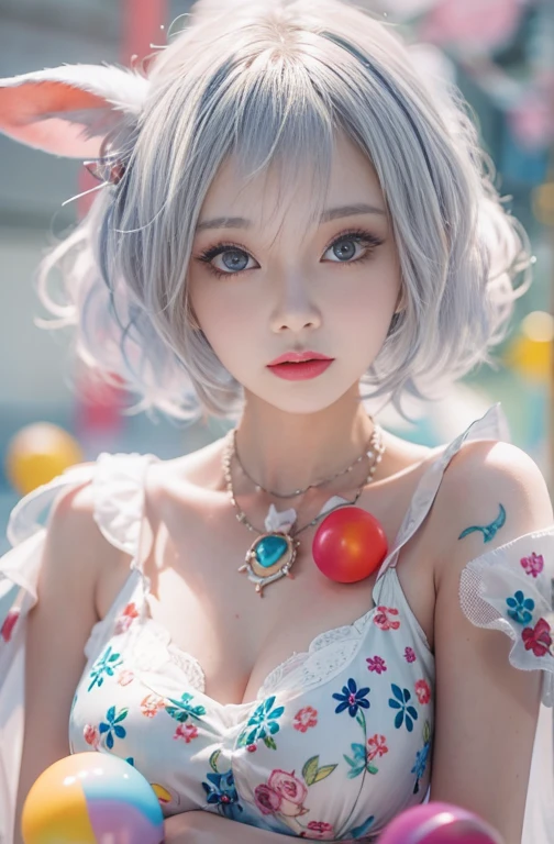 18-year-old, Wide-angle lens, a girl wearing colorful clown costume、Woman enjoying merry-go-round at night,thin、Serious expression、Short-haired、Deadly position, Gorgeous Necklace, Light milky porcelain skin, Smooth, Translucent white skin, Enchanting anime girl, Beautiful and seductive anime woman, Super realistic sweet bunny ears girl, Pale porcelain white skin, Smooth, Realistic and perfect body, Anime Girl Cosplay, Perfect body with realistic shadows, Switzerland'masterpiece, There is a real white rabbit. Red eyes and blue eyes