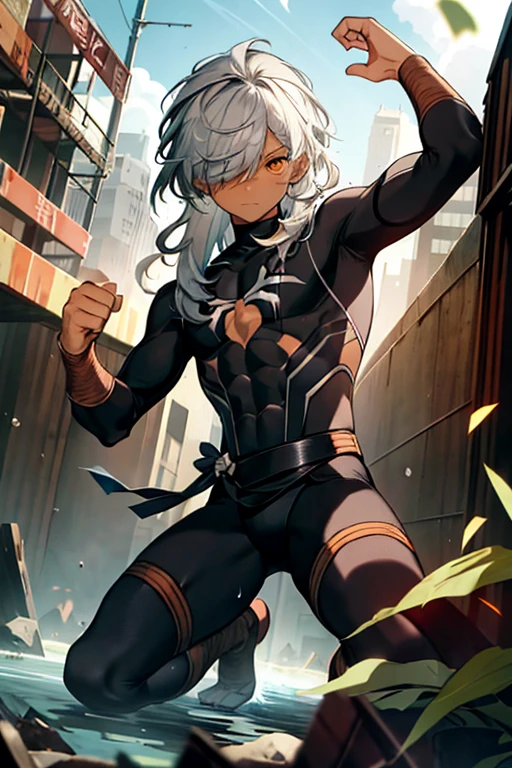 Tied up　Fight　masterpiece　juvenile　male　Kneel　Raised arms　Thin body　Embarrassing　Gray Hair　Orange eyes　Torn tights　Shoulder-length hair　Electricity is everywhere　get wet　Big eyes　Hair over one eye　thin　Black Spider-Man　Black clothes　Black body