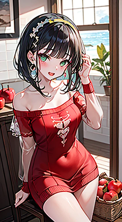 (perky chest:1.2), (pointed chest:1.2),(farmhouse entrance:1.3),(((Red Tunic:1.3))),(((apples and bread in the basket),Cute and beautiful girl,Cute round face,Cute smile,with blush cheeks,Red Lip,solo, looking at viewer, open mouth, have a cute glass of beergrass,black hair, dark green eyes, dress, bare shoulders,collarbone, sidelocks, hairband, earrings wih jewelry, indoors, off shoulder, sweater, arms behind back, plant, short hair with long locks, gild hairband, off-shoulder dress, sweater dress, off-shoulder sweater, black sweater, dark gord hair, big side hair, very long side hair,is rendered in (masterpiece: 1.2, best quality), with (ultra high resolution) and an exquisite (depth of field). ,(Bangs are see-through bangs),hair pin,hair adornments,detailed clothes features,Detailed hair features,detailed facial features,(Dynamic angles),(Dynamic and sexy poses),clothes that emphasize big breasts,Cinematic Light,(masutepiece,top-quality,Ultra-high resolution) ,(The 8k quality,Anatomically accurate facial structure,),(Sea Art 2 Mode:1.3),(Image Mode Ultra HD,)
