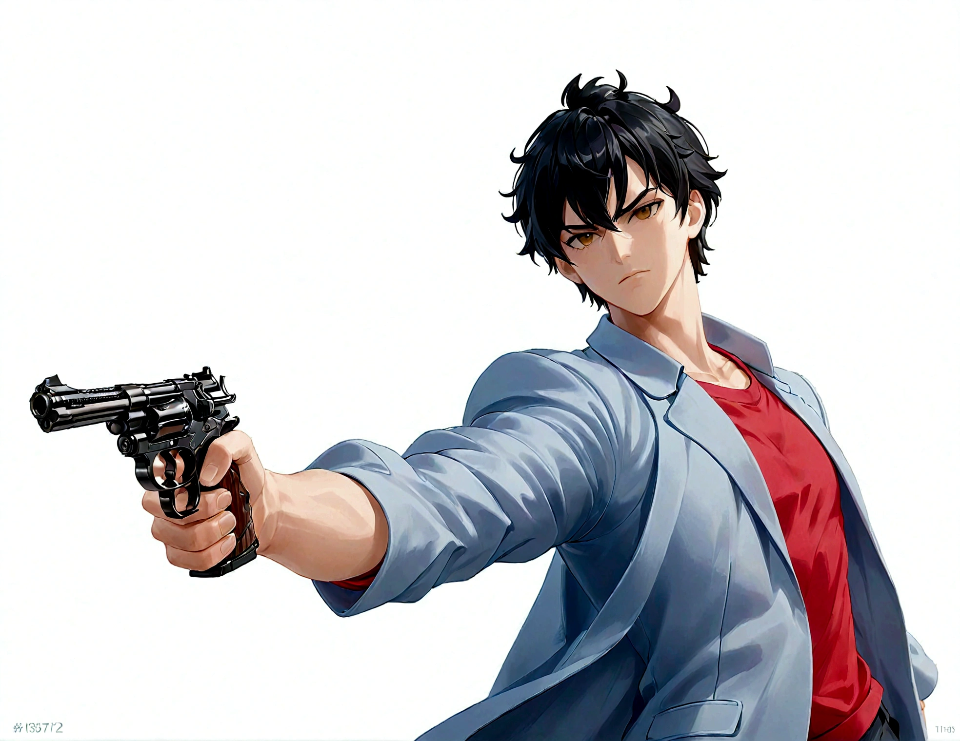 1boy,拿着gun,Blue coat,Red lining,Black Hainger on the trigger,gun,手gun,持gun,arms,Male focus,,solo