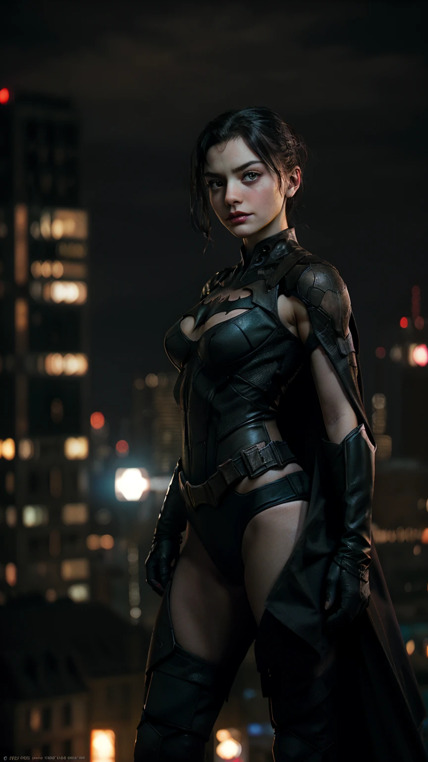 ((masterpiece, highest quality, High resolution, Realistic, to be born, 8k wallpaper)),standing in bikini style, (Standing in honor shot),A threatening posture with the body facing the camera, Very hot and sexy, Amazing beauty, Perfect balance, Beautiful body, Slim body beauty: 1.4), Batman standing on a rooftop overlooking the city skyline at night, Gotham city background, nighttime in Gotham city, Gotham city, From the movie Batman, Gotham city double exposure, Gotham city style, Batman film still, metropolis filmic Gotham city, Cyberpunk Batman, Batman movie stills, Batman movie still cinematic, Gotham setting, Batman, Gotham,
