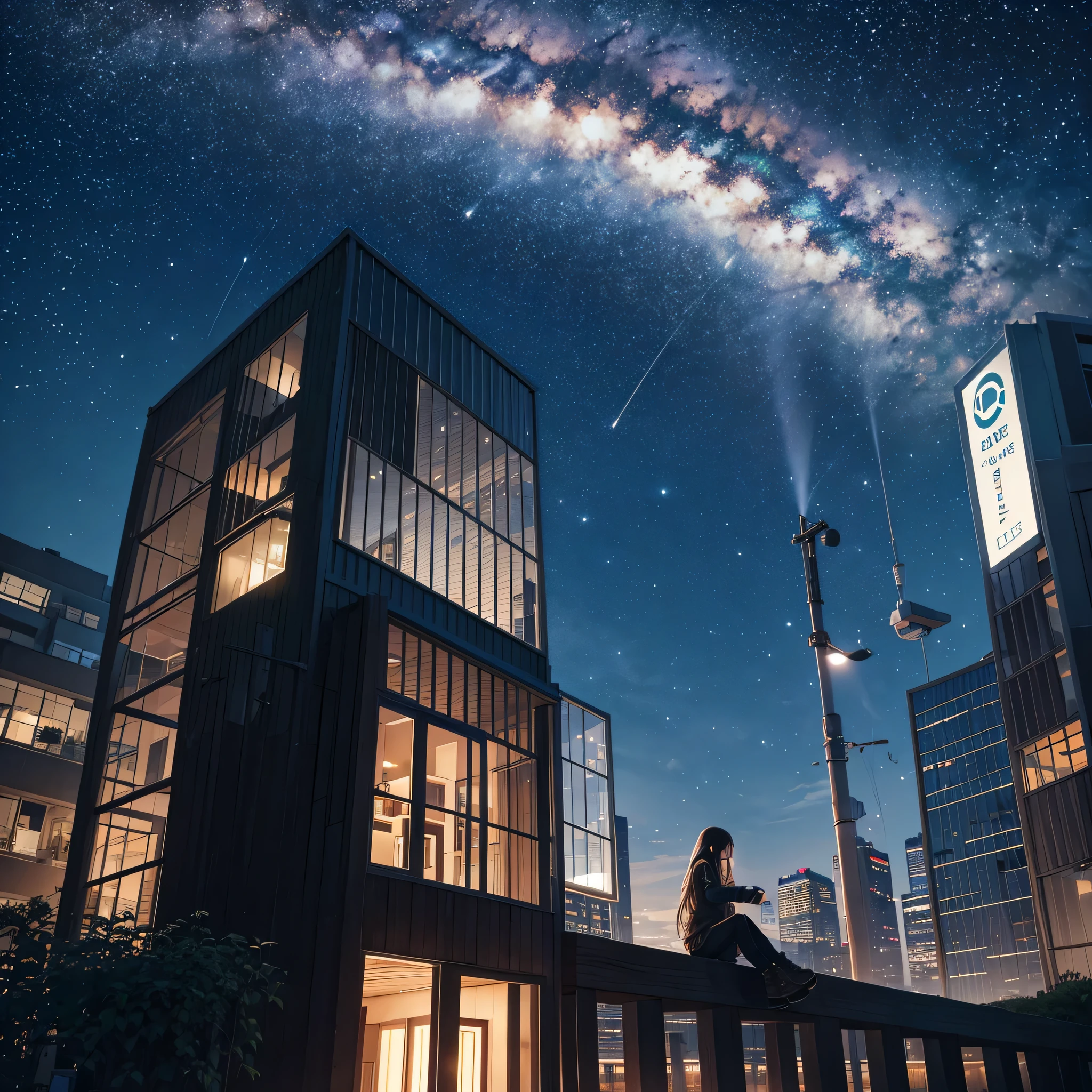 Octane, null, star (null), scenery, starry null, night, One girl, night null, alone, Outdoor, building, cloud, milky way, Sitting, wood, Long Hair, city, silhouette, cityscape