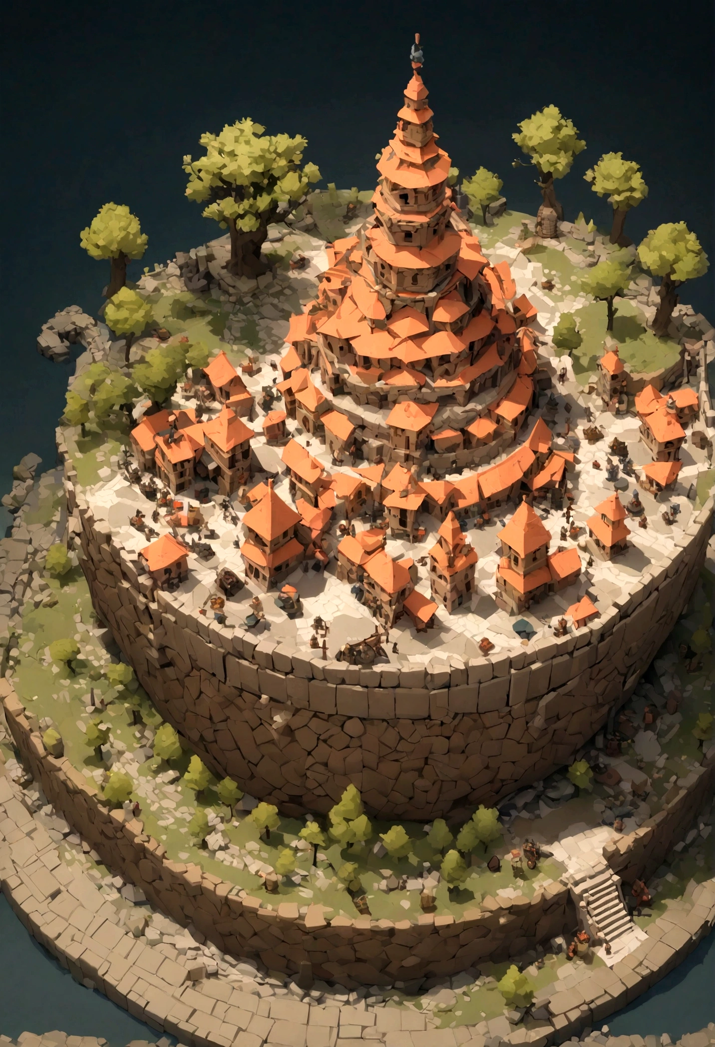 absurdres, best quality, fantasy, isometric, knolling style of (miniature brick round tower:1.2,big dragon,Soldier), tree, stone wall, (simple background:1.2),