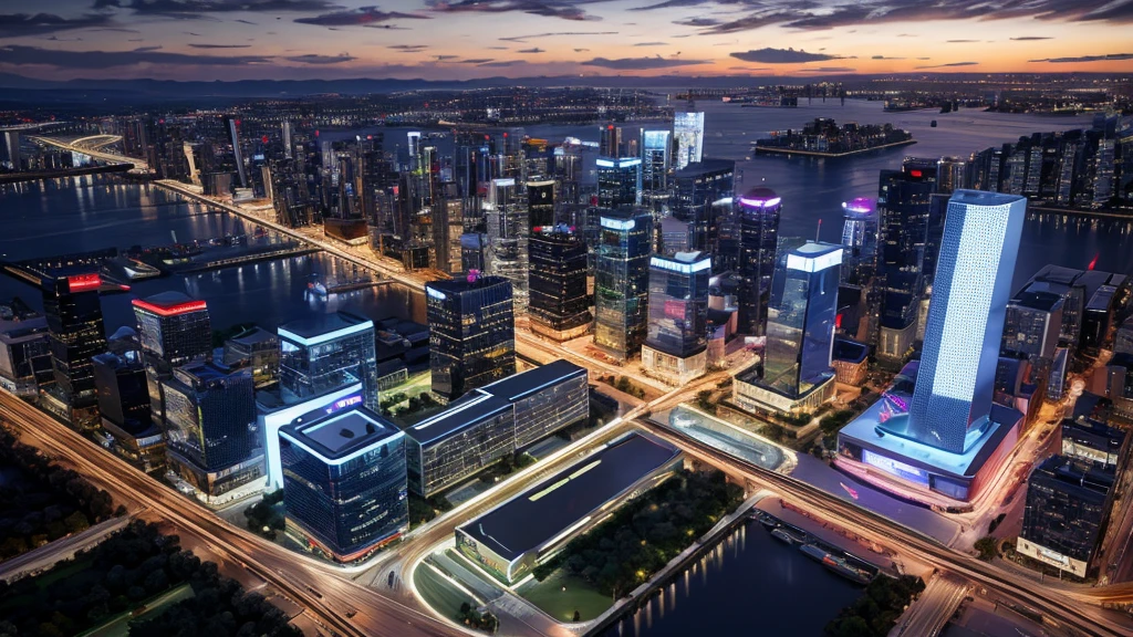 Create a high-resolution image of a futuristic smart city at night. The skyline should be filled with sleek, modern buildings illuminated by neon lights and digital patterns. The city should feature advanced technology elements such as autonomous vehicles, smart grids, and interconnected infrastructure. The atmosphere should convey innovation, connectivity, and technological advancement.