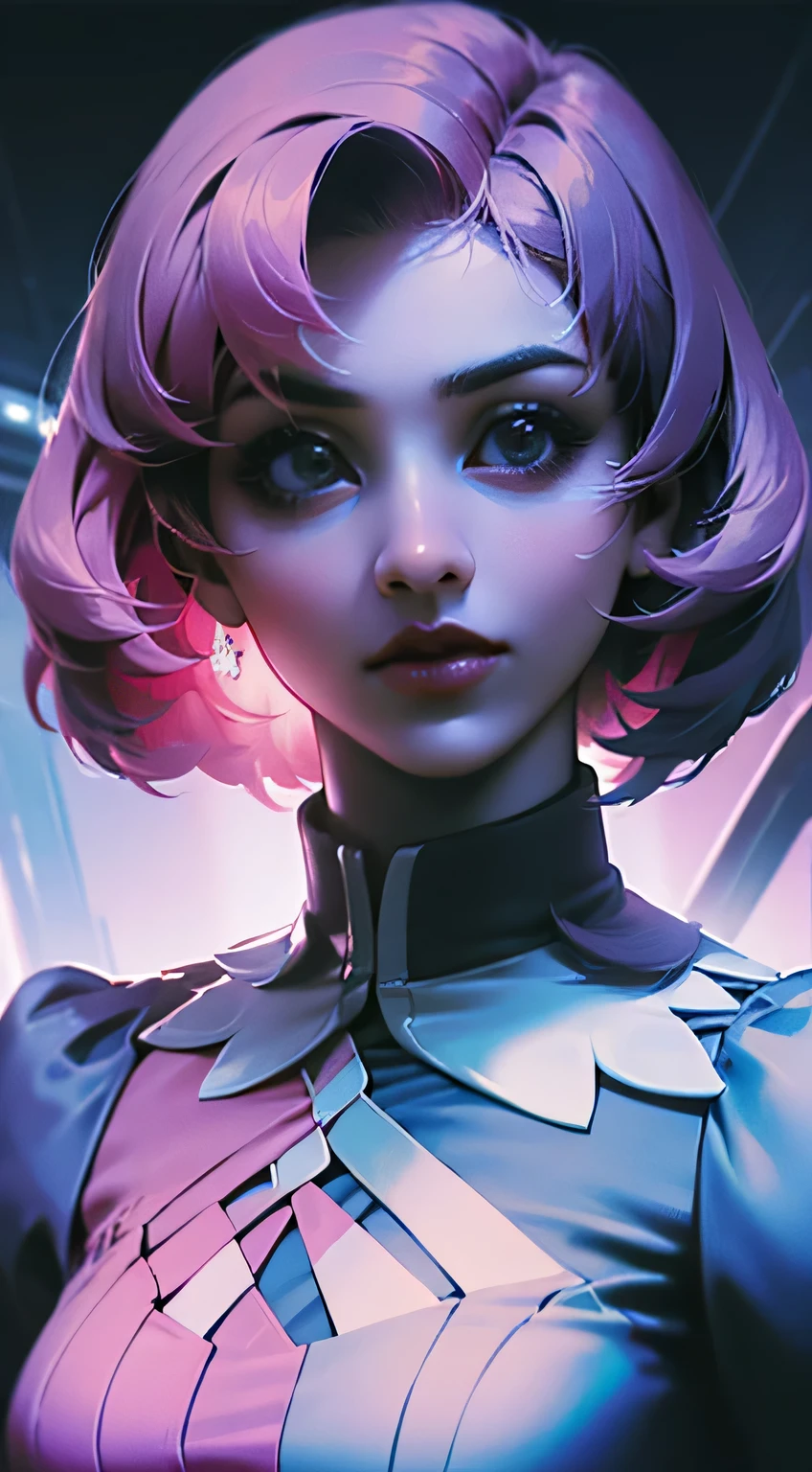 Alisa bosconovitch, mechanical wings, olhos verdes, personagem, female, mulher, game personagem, tekken, Videogame, cabelo rosa, cabelo multicolorido, cabelo curto, Flower on head, serious, sorriso sedutor, risonho, Excitado, olhos gradientes, anime, anime, cinematic lighting, sombra projetada, Luz brilhante, linhas de movimento, f/1.2, lateralmente, perspectiva, fechar-se, multiple views, UHD, alta qualidade, melhor qualidade, melhor qualidade
