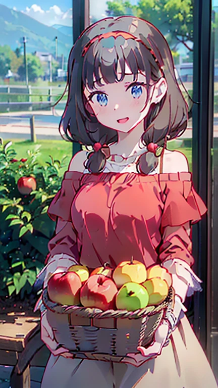 (perky chest:1.2), (pointed chest:1.2),(farmhouse entrance:1.3),(((Red Tunic:1.3))),(((apples and bread in the basket),Cute and beautiful girl,Cute round face,Cute smile,with blush cheeks,Red Lip,solo, looking at viewer, open mouth, have a cute glass of beergrass,black hair, dark green eyes, dress, bare shoulders,collarbone, sidelocks, hairband, earrings wih jewelry, indoors, off shoulder, sweater, arms behind back, plant, short hair with long locks, gild hairband, off-shoulder dress, sweater dress, off-shoulder sweater, black sweater, dark gord hair, big side hair, very long side hair,is rendered in (masterpiece: 1.2, best quality), with (ultra high resolution) and an exquisite (depth of field). ,(Bangs are see-through bangs),hair pin,hair adornments,detailed clothes features,Detailed hair features,detailed facial features,(Dynamic angles),(Dynamic and sexy poses),clothes that emphasize big breasts,Cinematic Light,(masutepiece,top-quality,Ultra-high resolution) ,(The 8k quality,Anatomically accurate facial structure,),(Sea Art 2 Mode:1.3),(Image Mode Ultra HD,)