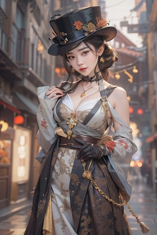 (masterpiece:1.3), (8k, Realistic, RAW Photos, Best image quality: 1.4), Japanese 、18-year-old,(Random Hairstyles:1.2)、Cleavage:1.2、Highly detailed face、Attention to detail、double eyelid、Chest to chest、Sharp focus:1.2、Beautiful woman:1.4、Light brown hair、highest quality、masterpiece、超A high resolution、(Realistic:1.4)、Highly detailed and professionally lit smiles、Loose fitting steampunk outfit、Shoulders out、thin、Serious expression、Holding a gorgeous necklace in her right hand, In the city、Eat dinner