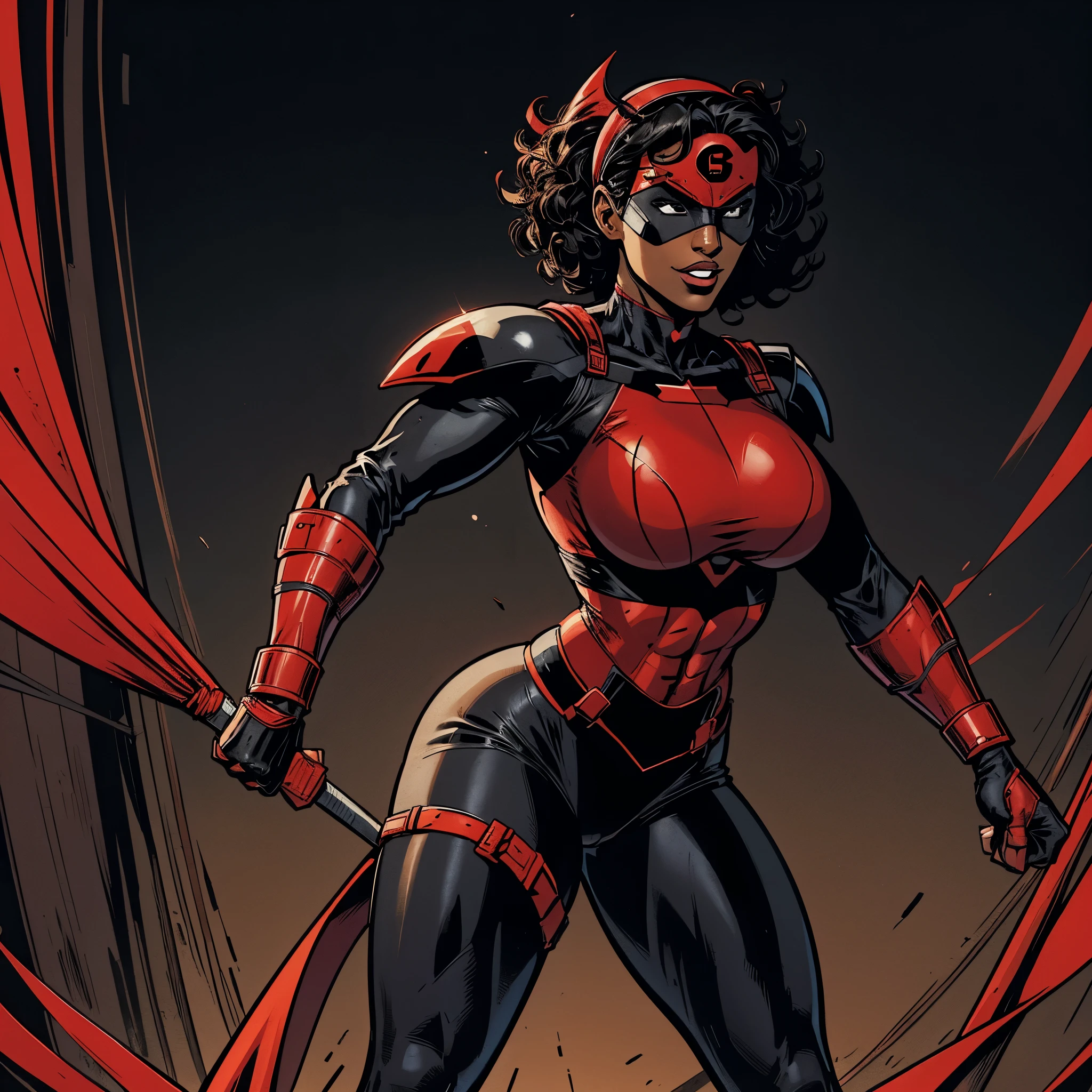 Cardinal, a beautiful superhero woman with (dark skin) wearing a black and red bodysuit, long sleeves, leggings, mask and visor. Athletic, huge breasts, wide hips. Short curly black hair, batons, utility belt, bracers. Cheerful. Short mini half cape. Confident.