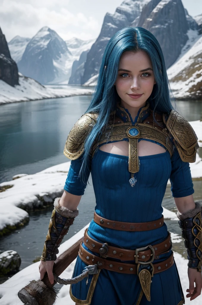 Jeune femme de 25 ans, visage fin, cheveux long, blue hairs, yeux bleus, tâches de rousseur sur tout le corps, HD, 8K, masterpiece, sourire romantique, sexy, metal lingery, gold armor, celtic design chest armor, guerrière viking, celtic tattoo, viking chest tattoo, dans un fjord, snow, viking house, topless