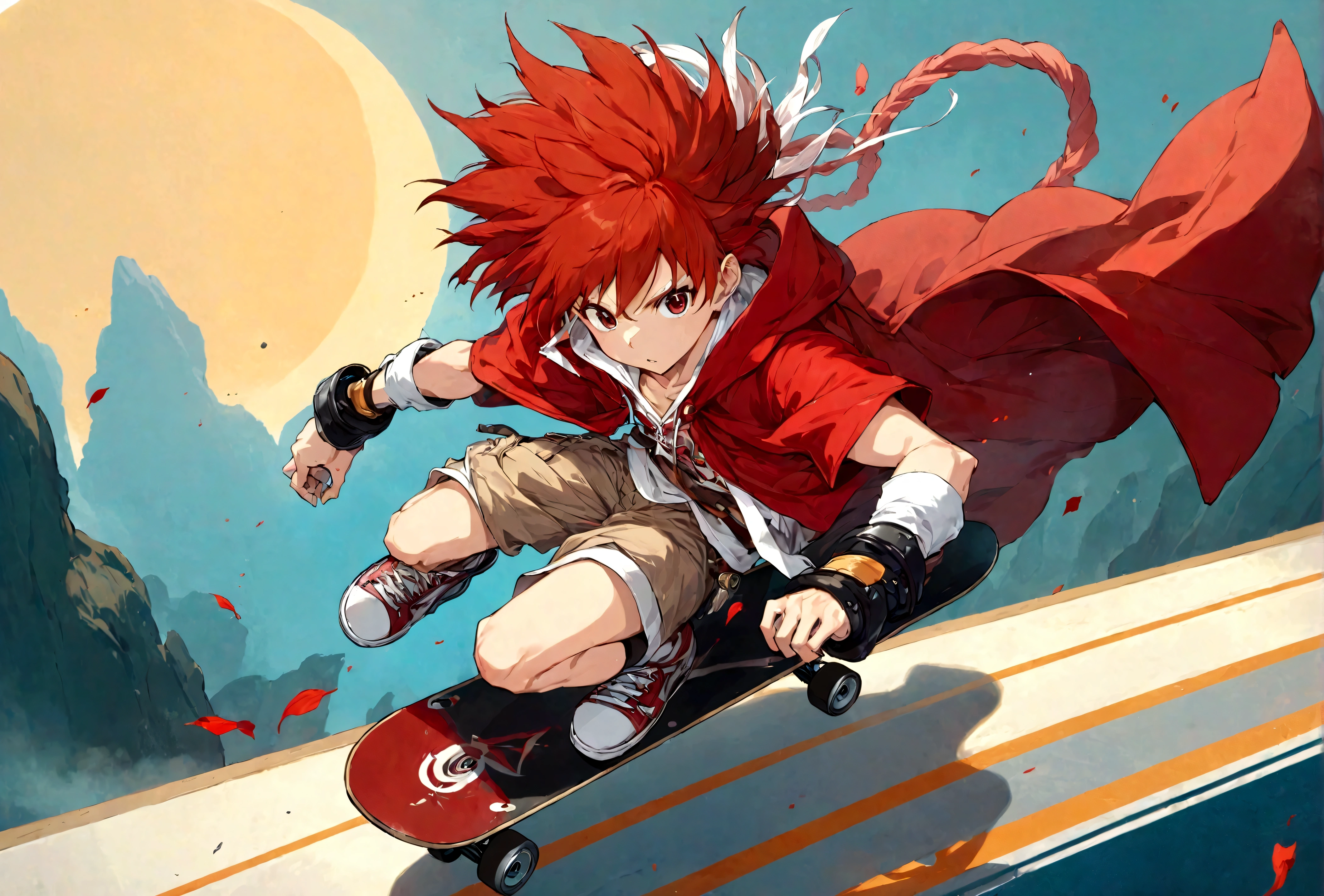Red hair riding a skateboard、Anime character wearing a red cloak, Chrono Trigger Guilty Gear Style, guilty gear art style, epic anime style, Crono, Guilty Gear Hard Splash Art, Anime epic artwork, Anime Wallpaper, advanced digital anime art ”, High quality anime art style, epic anime, Best Animated Character Design, Sun Wukong, Red lotus rock