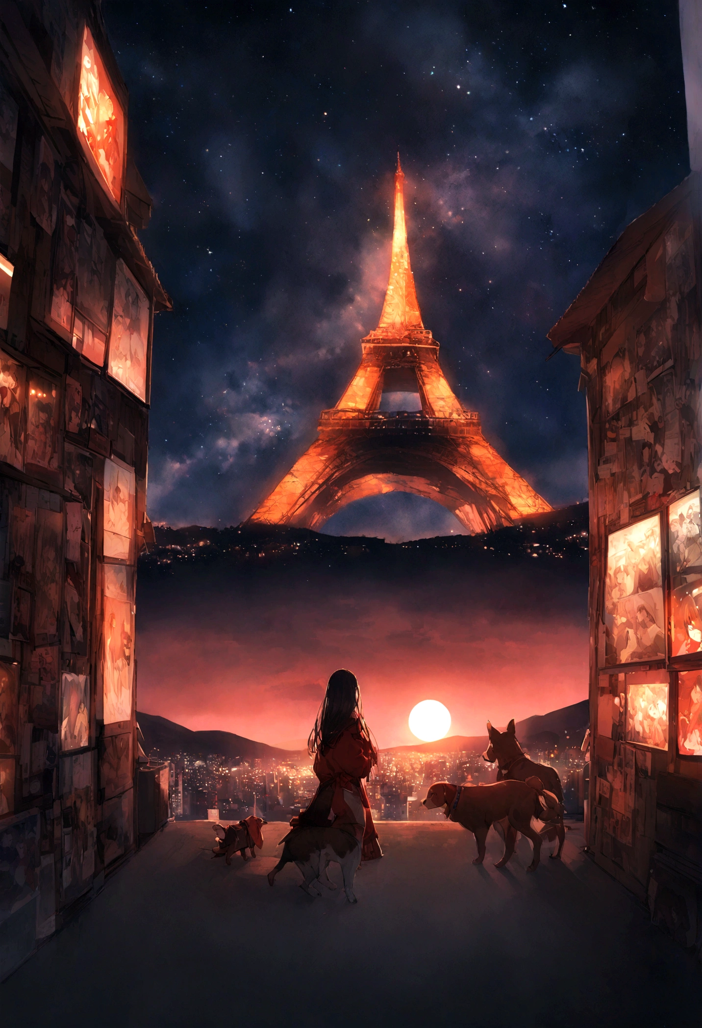 Dog 1、Woman 1、Red miniature dachshund、Red miniature dachshund long hair、dog&#39;color is red、woman with very long black hair、Spectacular views、Night Scene、The view from the top of the hill、Full moon night sky、swirling starry sky、８K、Best Quality、詳しいdogの顔、The woman is facing the opposite direction、Ria、I can't see a woman's face、The whole body is in the photo、Like the night view of Tokyo、