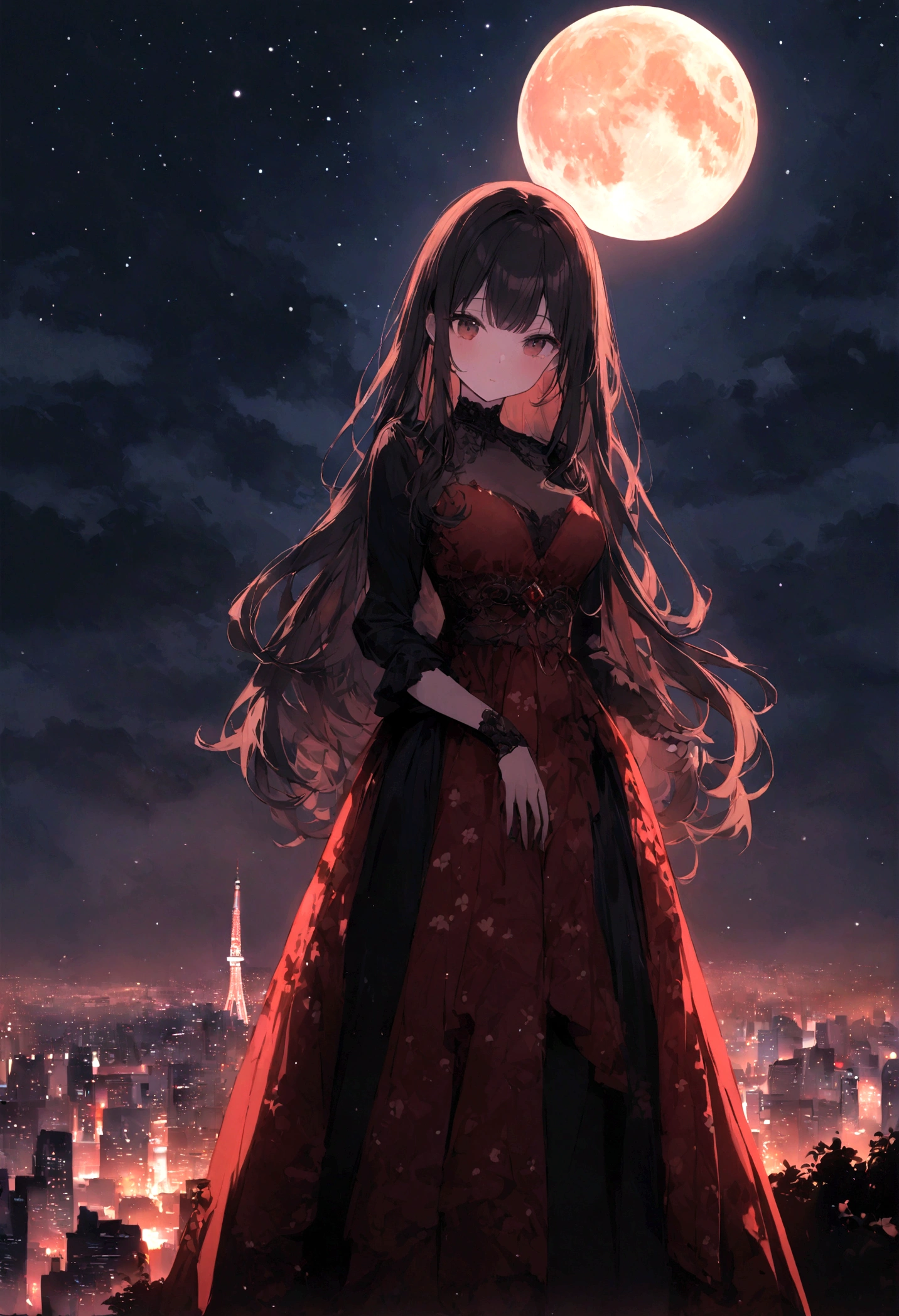 Dog 1、Woman 1、Red miniature dachshund、Red miniature dachshund long hair、dog&#39;color is red、woman with very long black hair、Spectacular views、Night Scene、The view from the top of the hill、Full moon night sky、swirling starry sky、８K、Best Quality、詳しいdogの顔、The woman is facing the opposite direction、Ria、I can't see a woman's face、The whole body is in the photo、Like the night view of Tokyo、