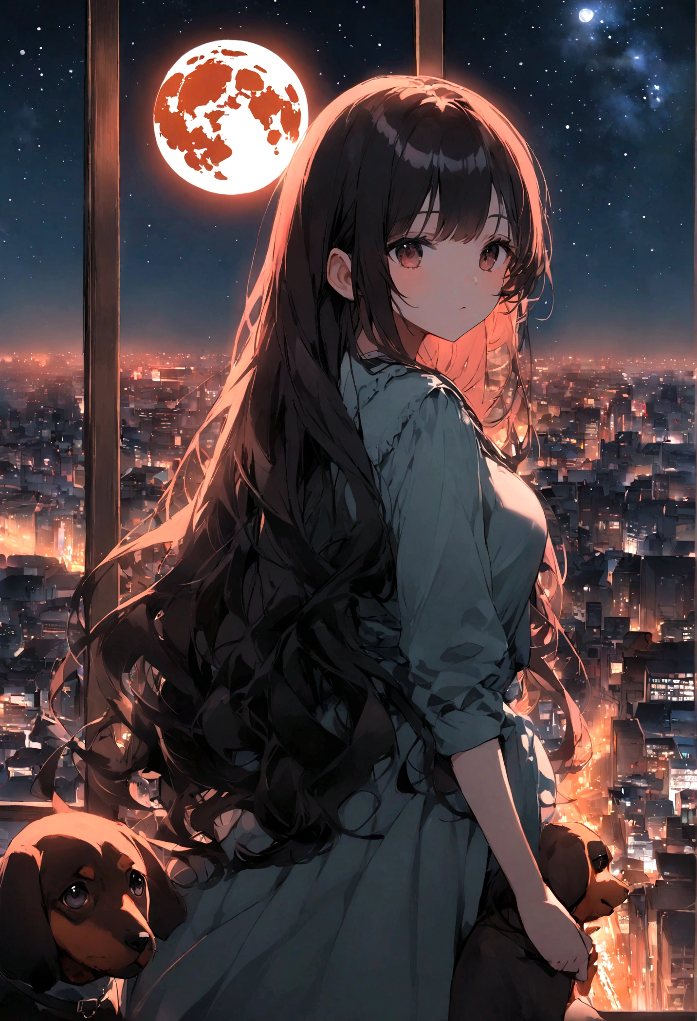 Dog 1、Woman 1、Red miniature dachshund、Red miniature dachshund long hair、dog&#39;color is red、woman with very long black hair、Spectacular views、Night Scene、The view from the top of the hill、Full moon night sky、swirling starry sky、８K、Best Quality、詳しいdogの顔、The woman is facing the opposite direction、Ria、I can't see a woman's face、The whole body is in the photo、Like the night view of Tokyo、