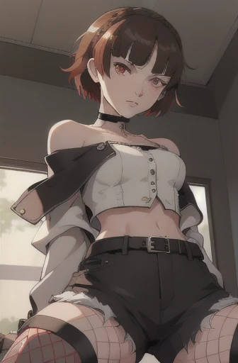 makotonijima, makoto nijima, blunt bangs, braid, brown hair, crown braid, (red eyes:1.3), short hair,
BREAK (black choker, off shoulder, cropped jacket, white jacket, long sleeves, midriff, belt, black shorts, short shorts, single thighhigh, fishnets:1.2)
BREAK looking at viewer, spread legs, ((from below)), arms behind head,
BREAK indoors, classroom,
BREAK (masterpiece:1.2), best quality, high resolution, (extremely detailed CG unity 8k wallpaper), (masterpiece), (best quality), (ultra-detailed), (best illustration), (best shadow), (absurdres), (perfect hands, perfect anatomy),