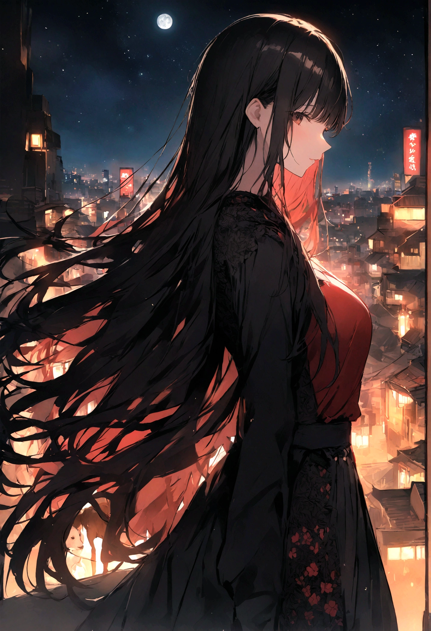 Dog 1、Woman 1、Red miniature dachshund、Red miniature dachshund long hair、dog'color is red、woman with very long black hair、Spectacular views、Night Scene、The view from the top of the hill、Full moon night sky、swirling starry sky、8K、Best Quality、詳しいdogの顔、The woman is facing the opposite direction、Ria、I can't see a woman's face、The whole body is in the photo、Like the night view of Tokyo、