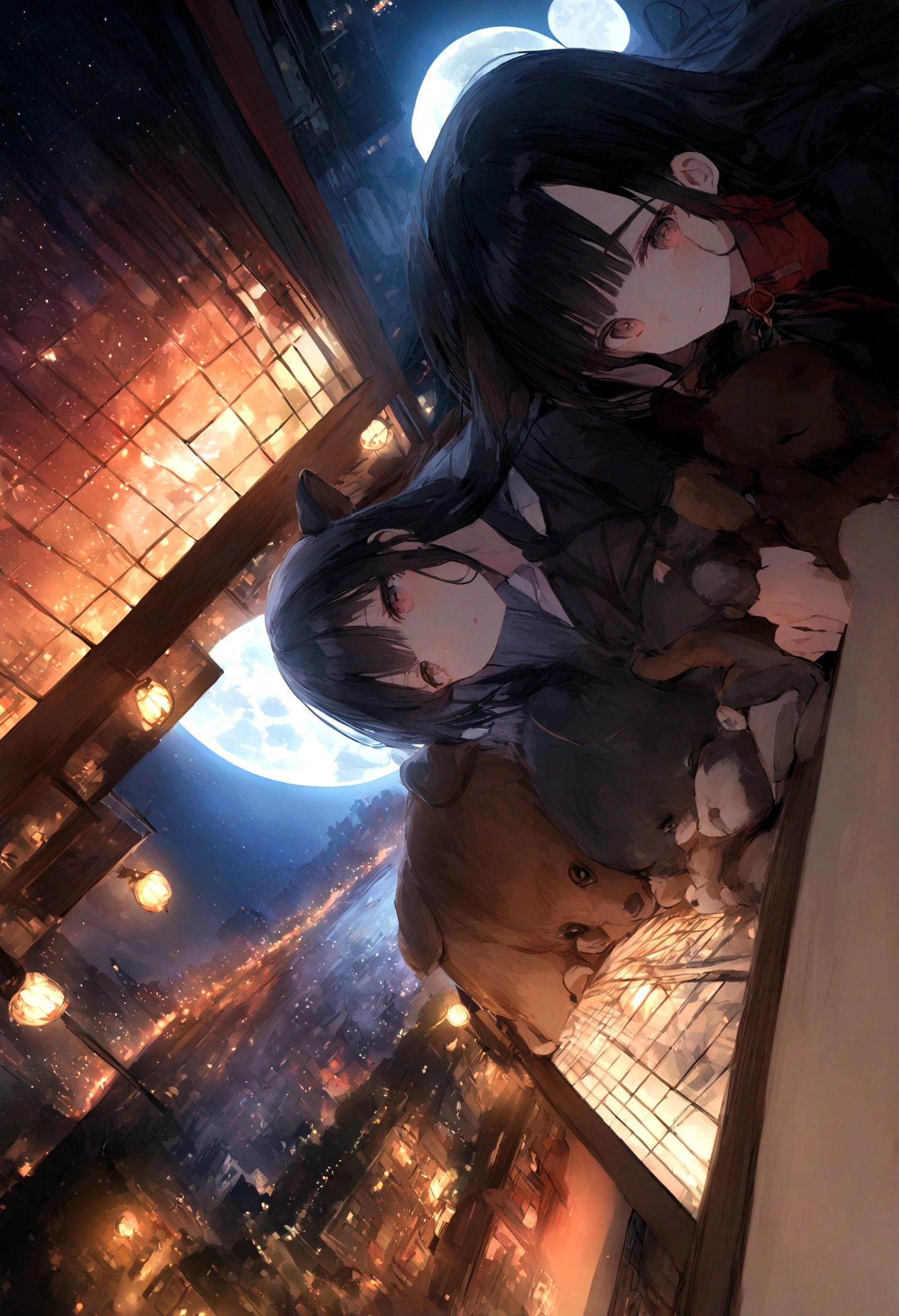 Dog 1、Woman 1、Red miniature dachshund、Red miniature dachshund long hair、dog'color is red、woman with very long black hair、Spectacular views、Night Scene、The view from the top of the hill、Full moon night sky、swirling starry sky、8K、Best Quality、詳しいdogの顔、The woman is facing the opposite direction、Ria、I can't see a woman's face、The whole body is in the photo、Like the night view of Tokyo、