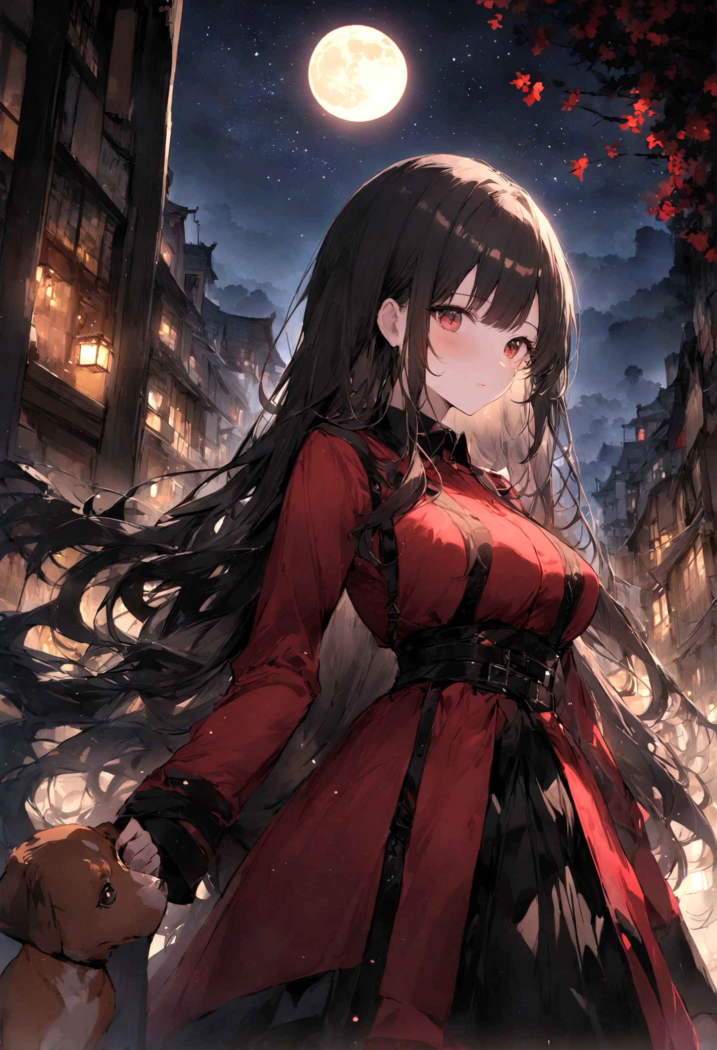 Dog 1、Woman 1、Red miniature dachshund、Red miniature dachshund long hair、dog'color is red、woman with very long black hair、Spectacular views、Night Scene、The view from the top of the hill、Full moon night sky、swirling starry sky、8K、Best Quality、詳しいdogの顔、The woman is facing the opposite direction、Ria、I can't see a woman's face、The whole body is in the photo、Like the night view of Tokyo、