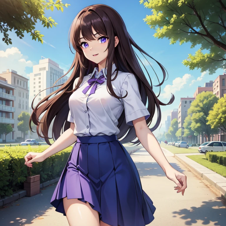 One 21 years old girl, Best quality, High quality, wears Long Blue skirt, has purple eyes, best eyes, has long brown hair, pretty face, medium breasts, in the park, walking, shy smile, Sunny day
