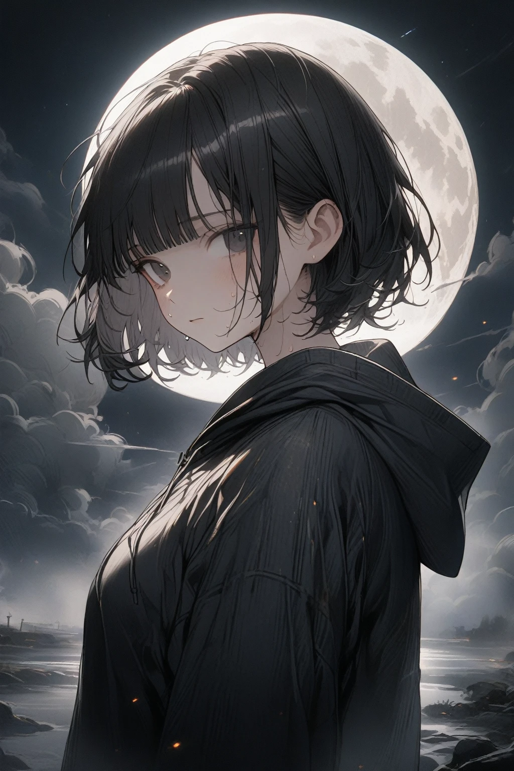 1 girl, black eyes, black hair, short hair with bangs, dressed in a black hoodie and white shorts, outside, night, full moon, stars, fog, steam, sweat on her face, looking at the viewer, sad look, detailed, beautiful, gentle tones