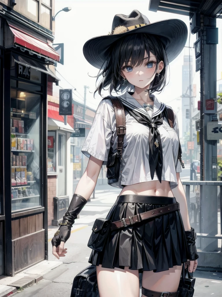 full body shot, cowgirl costume, vest, cowboy hat, fingerless gloves, midriff, neckerchief, short skirt, holster, absurdres, RAW photo, extremely delicate, extremely beautiful, masterpiece, Best Quality, ultra high resolution, 32k, hyperrealistic, ultra-detailed description, perfect anatomy, correct body, ideal ratio of body proportions, pale skin, 20 years old, detailed beautiful face, detailed beautiful face eyes, tearful mole, earring, short medium hair, black hair, Colossal tits,
