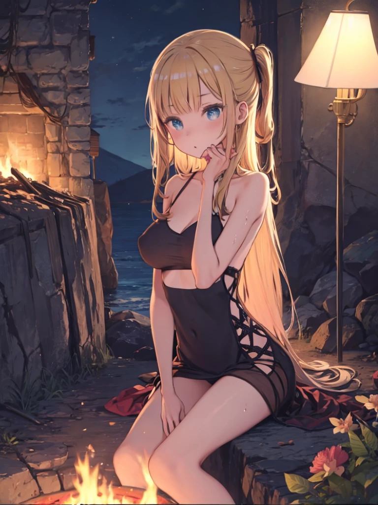 Make a cute girl, long blonde hair, blue eyes, black partwear hot dress, sitting on a sofa, exposed legs and arms, upper chest visible, naked feet, near a campfire.