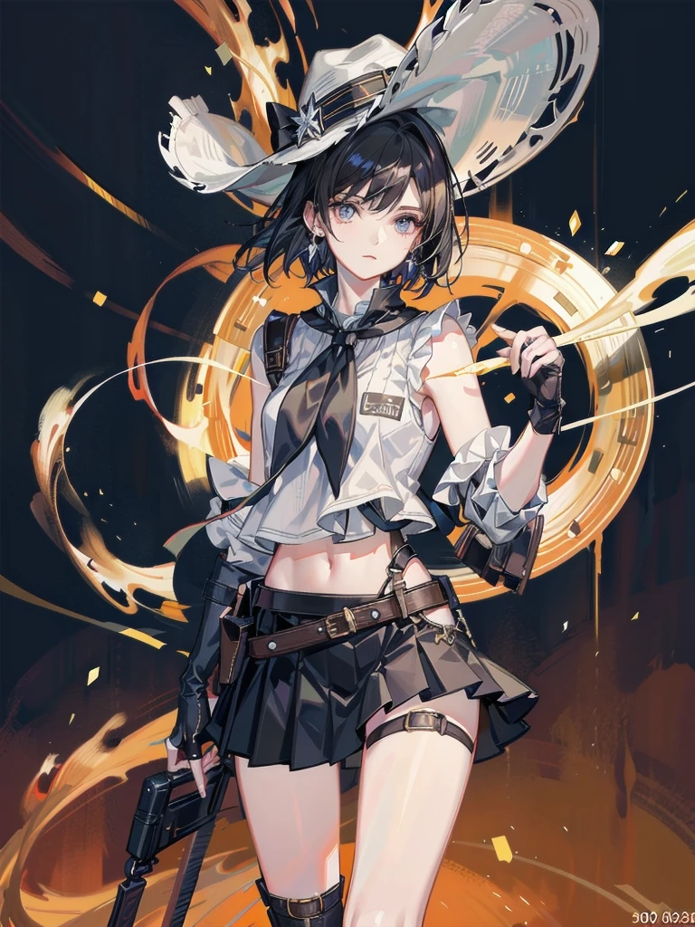 full body shot, cowgirl costume, vest, cowboy hat, fingerless gloves, midriff, neckerchief, short skirt, holster, absurdres, RAW photo, extremely delicate, extremely beautiful, masterpiece, Best Quality, ultra high resolution, 32k, hyperrealistic, ultra-detailed description, perfect anatomy, correct body, ideal ratio of body proportions, pale skin, 20 years old, detailed beautiful face, detailed beautiful face eyes, tearful mole, earring, short medium hair, black hair, Colossal tits,