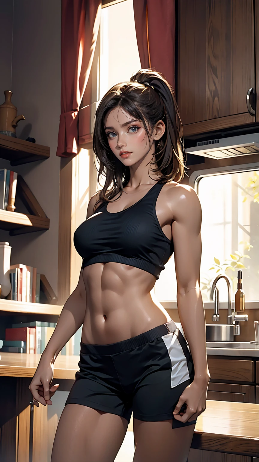 high quality, Perfect lighting, Detailed face, Detailed body, 1 girl, alone, (Toned body), Are standing , Also, ((Also))