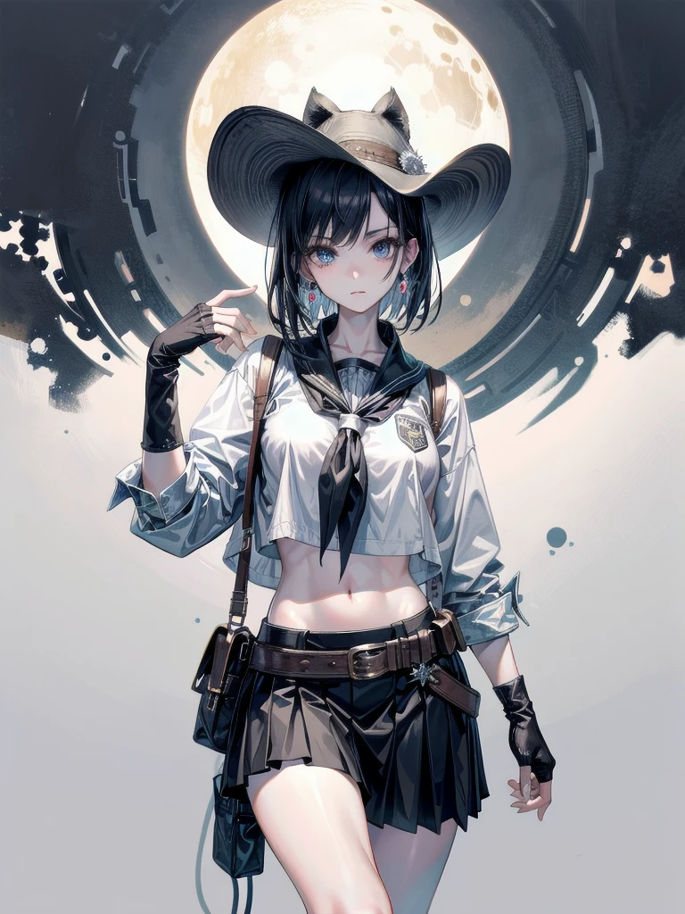 full body shot, cowgirl costume, vest, cowboy hat, fingerless gloves, midriff, neckerchief, short skirt, holster, absurdres, RAW photo, extremely delicate, extremely beautiful, masterpiece, Best Quality, ultra high resolution, 32k, hyperrealistic, ultra-detailed description, perfect anatomy, correct body, ideal ratio of body proportions, pale skin, 20 years old, detailed beautiful face, detailed beautiful face eyes, tearful mole, earring, short medium hair, black hair, Colossal tits,