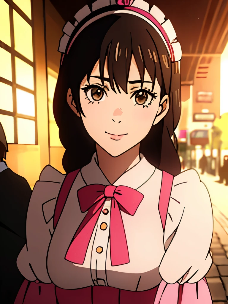 {8k image}, beautiful woman, 24 years old, brown hair, brown eyes, harajuku streets ​​background, noon, bright lighting, realistic shadows, anime screencap, jujutsu kaisen style, sweet lolita fashion, white and pastel pink lolita dress, frilly dress, detailed, facing the viewer, sexy face, lazy smile, pretty, heart-shaped cute kawaii lolita bag, lolita ribbon headdress, lip gloss, winking, playful