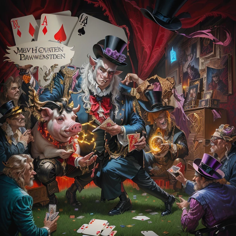 Painting of a man in a top hat and the devil, playing cards, piece of art, album art, detailed cover piece of art, album piece of art, card game illustration, official piece of art, Dave Arredondo, Wayne England, Board game cover, album, Epic fantasy art card game, satirical painting, "Pig, 1 9 8 0's heavy metal album art