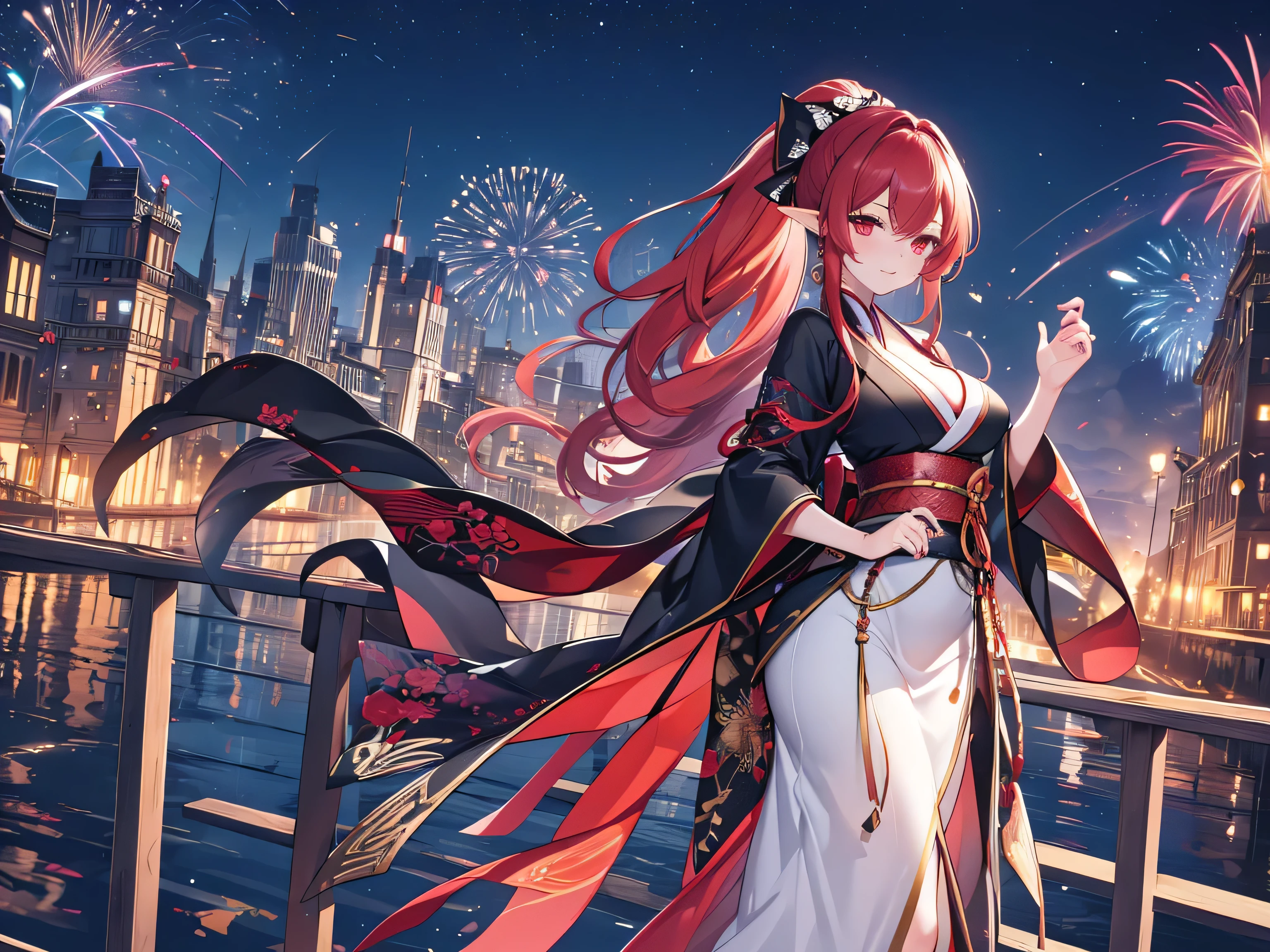 Long, narrow eyes, Night view, firework, masterpiece, highest quality, High resolution, Highly detailed CG, Absurd, Wear a thick black kimono, Layering, Red Accessories , various expressions, null, Elf Ears, Beautiful detailed woman, Game CG, Spring flower, ponytail, long red hair, Red eyes,Stylish accessories solo, Big Breasts, woman, Take-out, Provocative laughter,40 year old woman,The Queen of Sadism, Ultra-detailed backgrounds, Amazing writing style, Pose with one hand on hip, period drama,