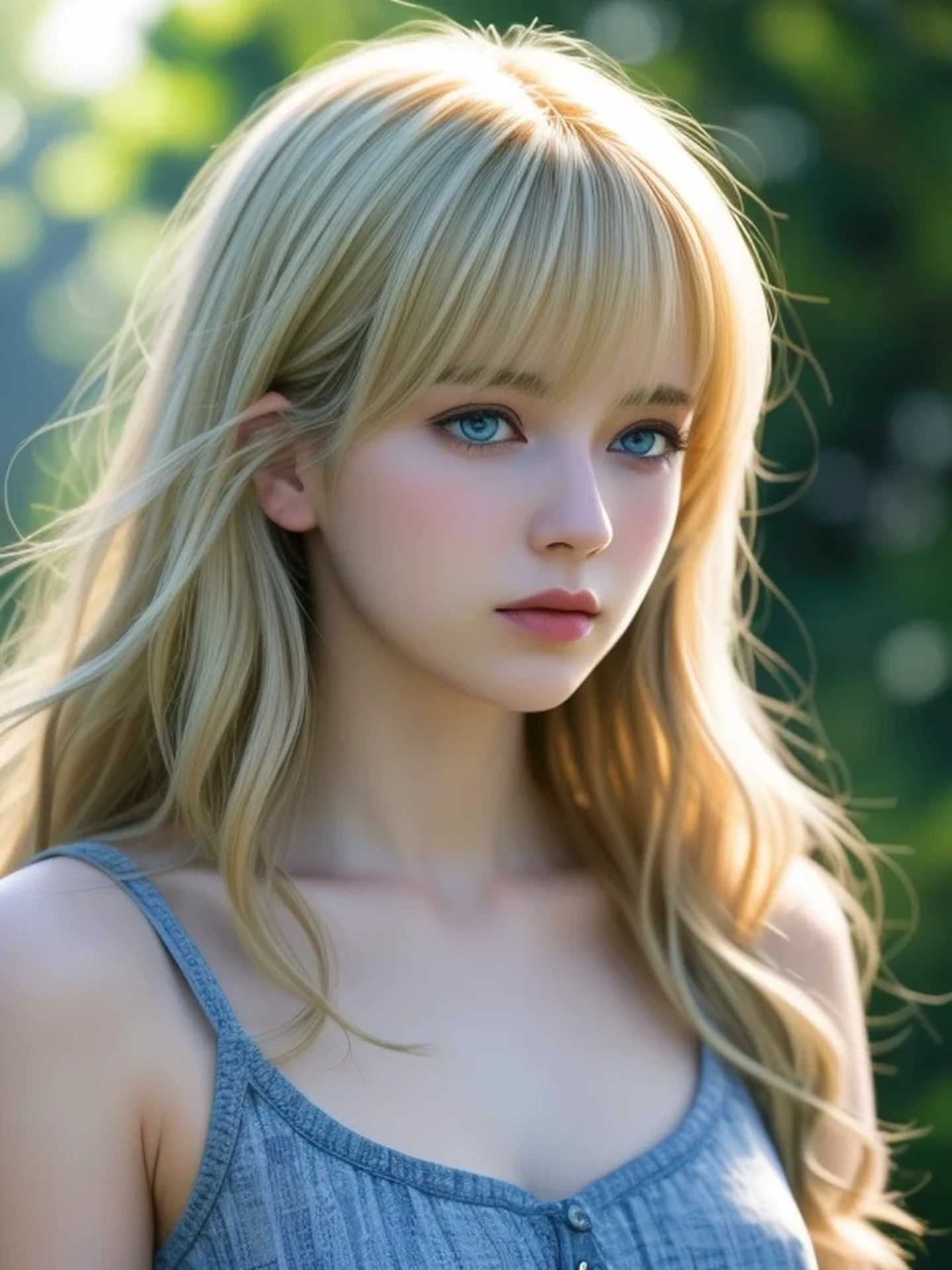 (looking away:1.4), (upper body shot:1.2), Realistic digital painting of a woman portrait, Shy, Cute, open mouth to say something, sad, blue eyes, (Wavy medium Hair:1.1), bangs, (Blonde Hair:1.3), (Highly detailed skin:1.2), Mystical style, Global Illumination,