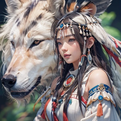 Shirakami-Sanchi、Hair flow、 ((highest quality、masterpiece、8k、Best image quality、Ultra-high resolution、Award-winning works)、(Accurate ???????:1.1)、(Look at me and smile:1.1)、Shining fair skin with Ultra-high resolution、The most detailed face、Ultra-high resolution detailed face、Ultra-high resolutionの髪の毛、(Ultra-high resolutionの煌めく瞳:1.1)、Beautiful face drawn in every detail、(Blurred Background:1.1)、Native American white costume, American Indian Clothing, Chest to chest, tattoo、A real giant condor next to you。Observe the white wolf