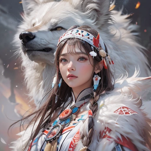 Shirakami-Sanchi、Hair flow、 ((highest quality、masterpiece、8k、Best image quality、Ultra-high resolution、Award-winning works)、(Accurate anatomy:1.1)、(Look at me and smile:1.1)、Shining fair skin with Ultra-high resolution、The most detailed face、Ultra-high resolution detailed face、Ultra-high resolutionの髪の毛、(Ultra-high resolutionの煌めく瞳:1.1)、Beautiful face drawn in every detail、(Blurred Background:1.1)、Native American white costume, American Indian Clothing, Chest to chest, tattoo、A real giant condor next to you。Observe the white wolf