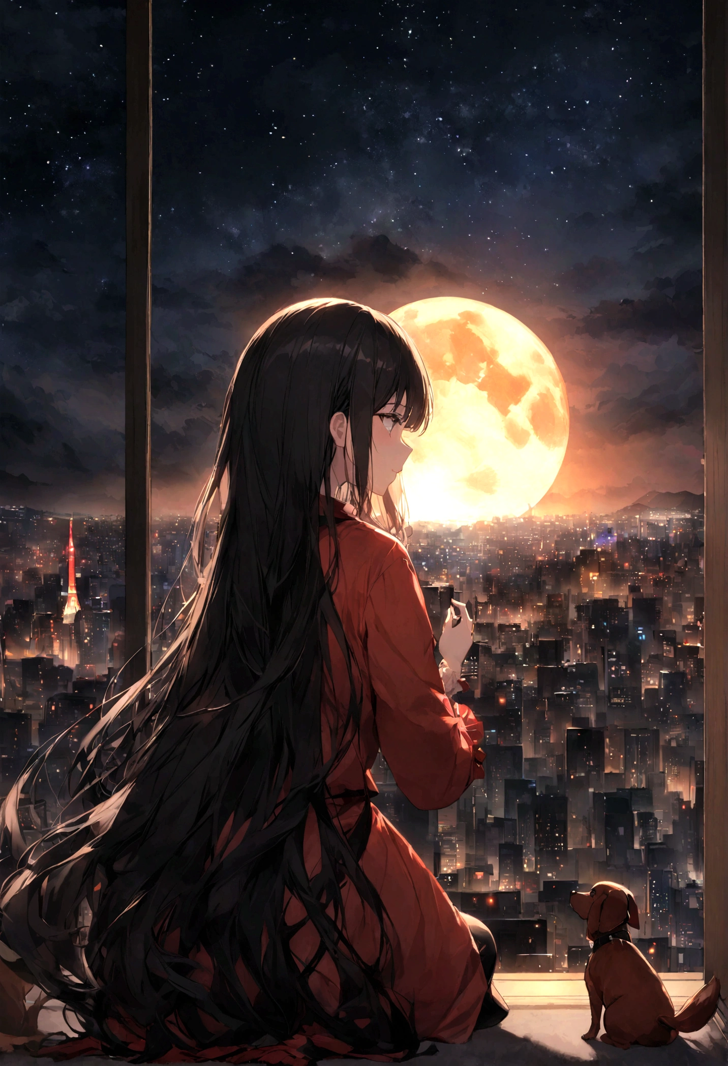 Dog 1、Woman 1、Red miniature dachshund、Red miniature dachshund long hair、dog'color is red、woman with very long black hair、Spectacular views、Night Scene、The view from the top of the hill、Full moon night sky、swirling starry sky、8K、Best Quality、詳しいdogの顔、The woman is facing the opposite direction、Ria、I can't see a woman's face、The whole body is in the photo、Like the night view of Tokyo、